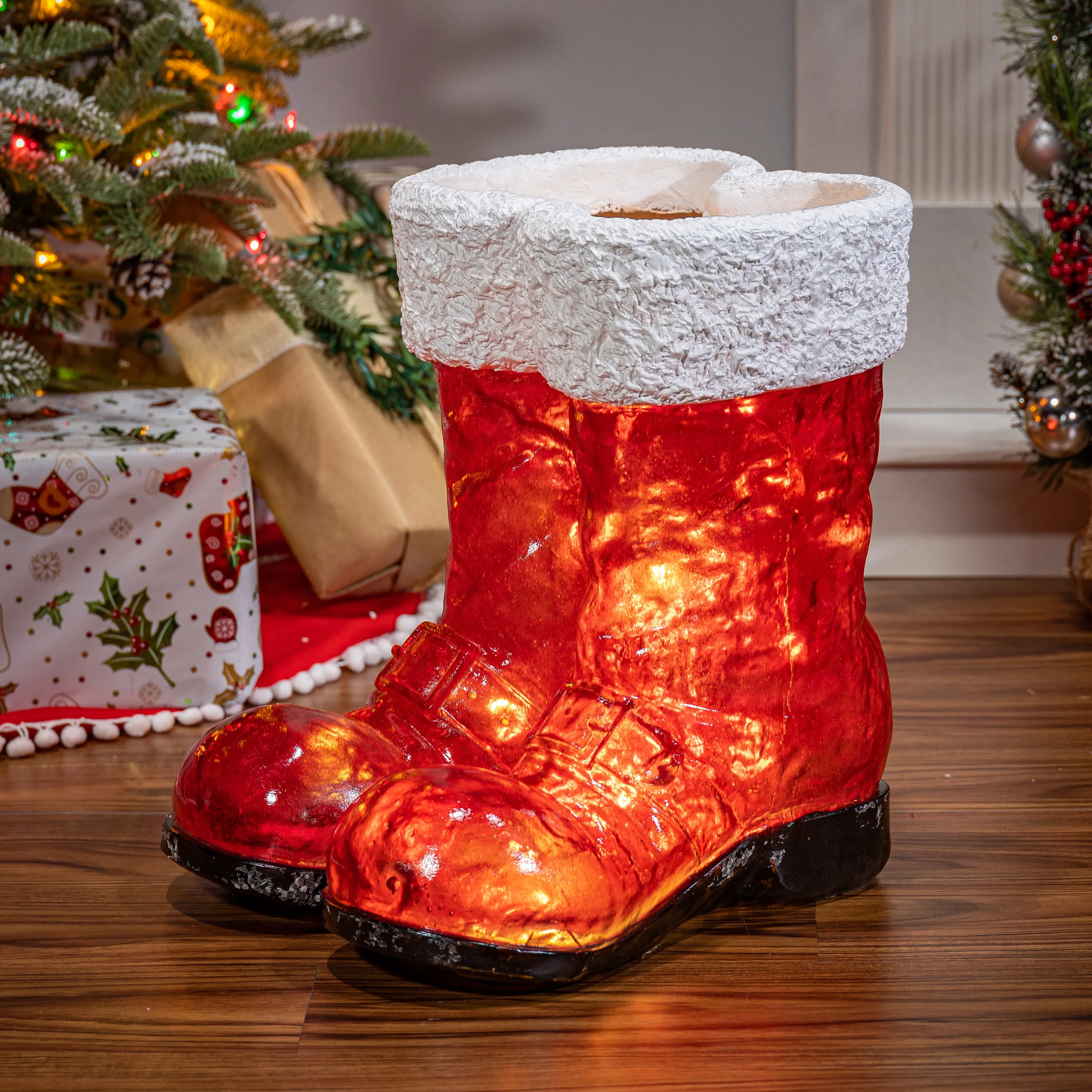 16.3-in H Battery- Operated Lighted Resin Holiday Santa Boots with 10 LED Lights