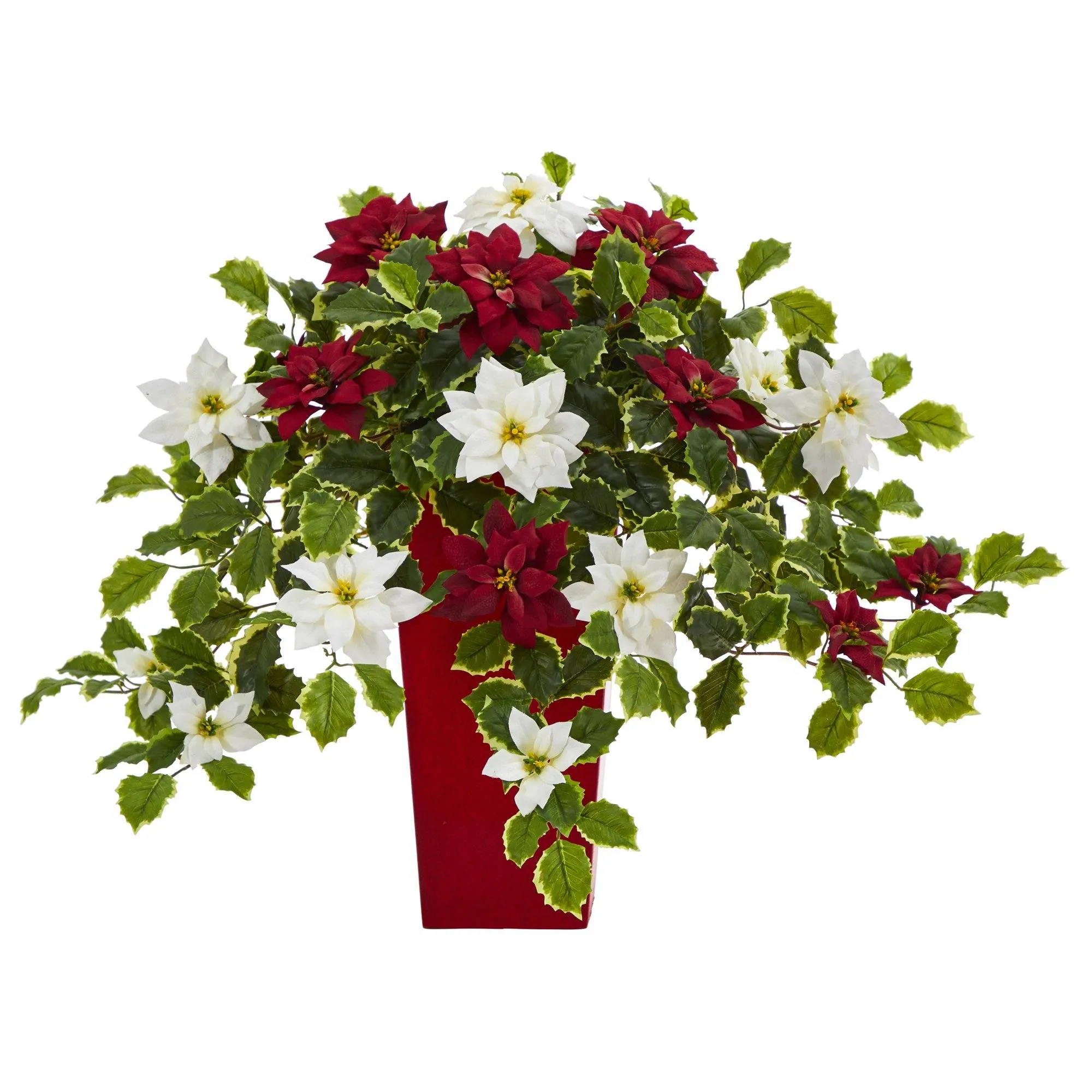 23” Poinsettia and Variegated Holly Artificial Plant in Decorative Planter (Real Touch)