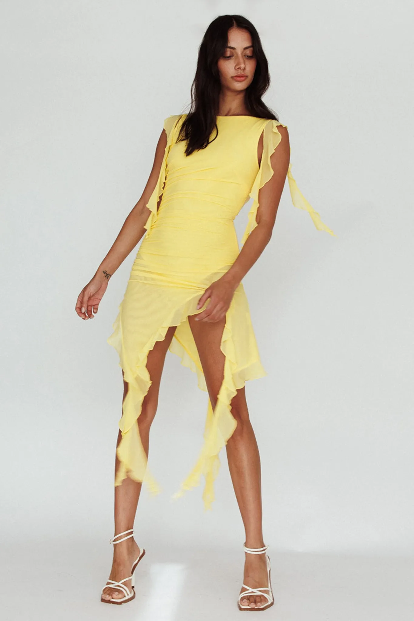 After Party Sleeveless Ruffle Trim Mini Dress Lemon