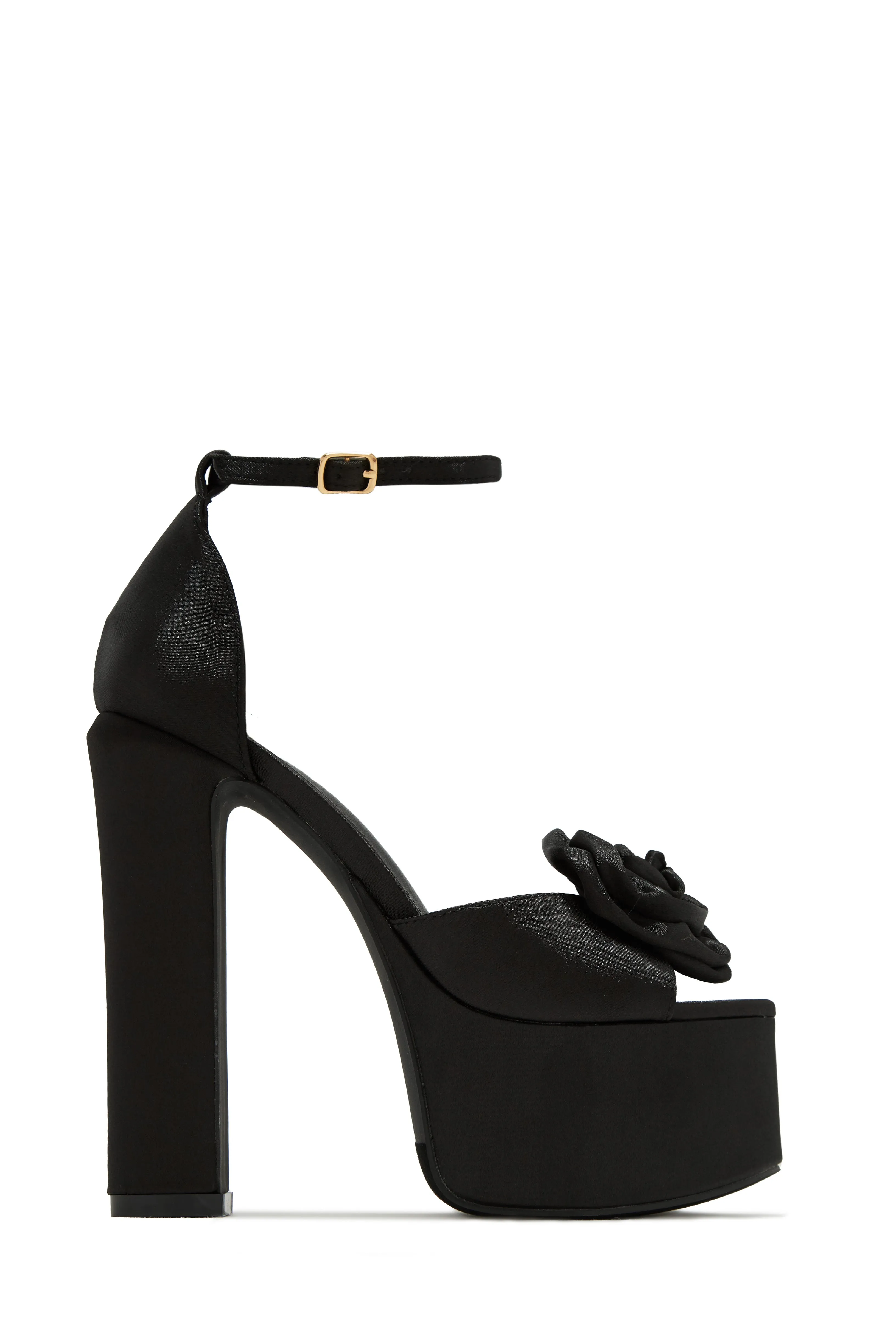 Amelia Rosette Platform Block High Heels - Black