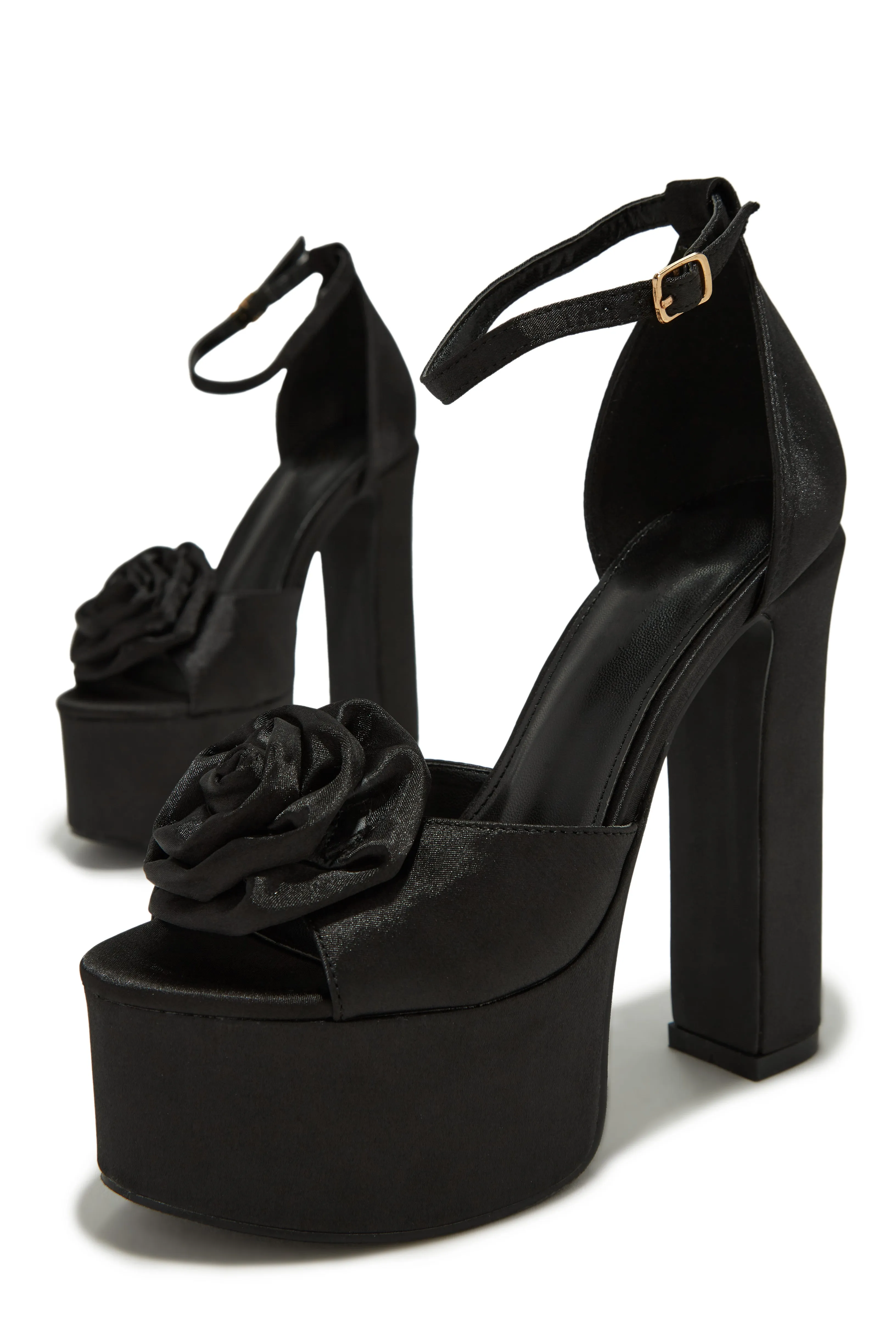 Amelia Rosette Platform Block High Heels - Black