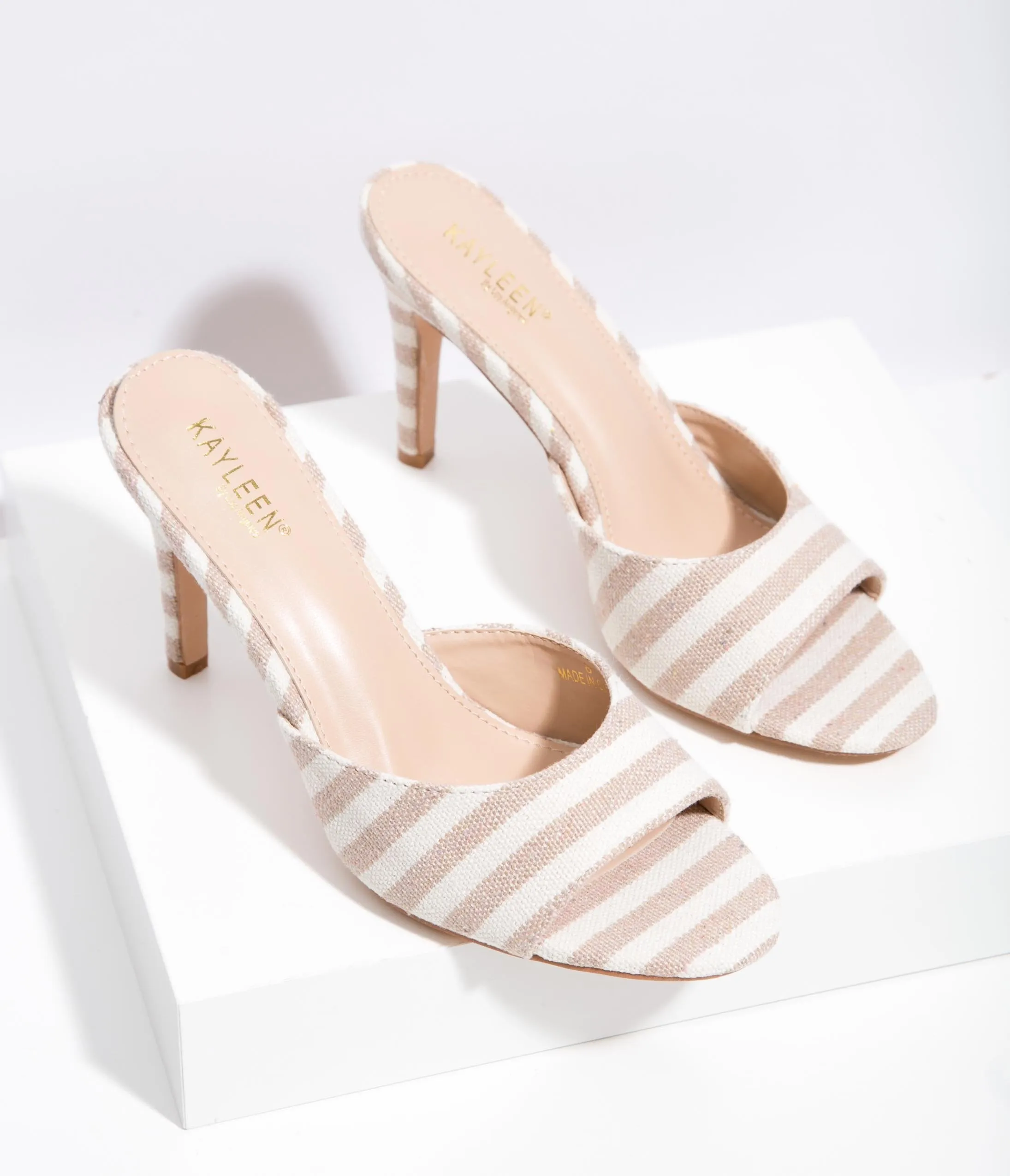 Beige & Ivory Textile Stripe Mule Heels