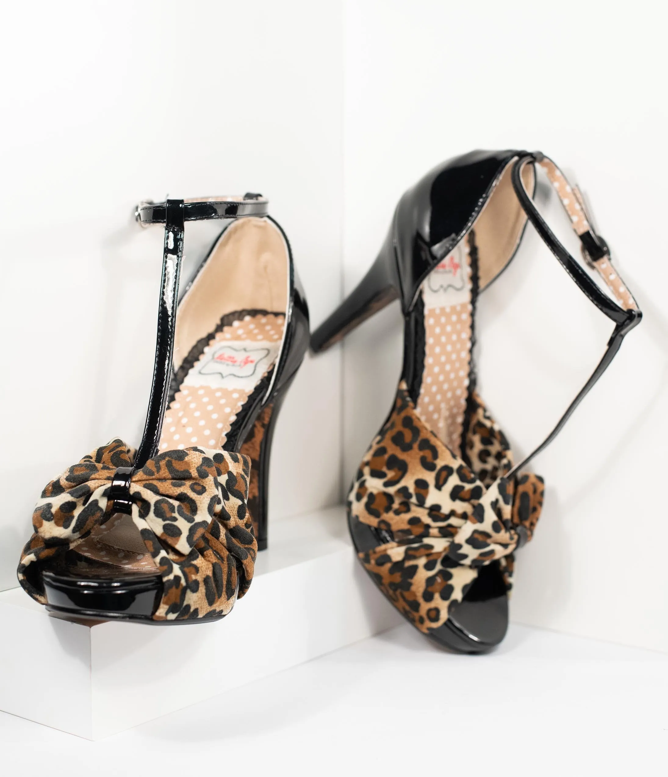 Bettie Page Black & Leopard T-Strap Peep Toe Bessie Heels