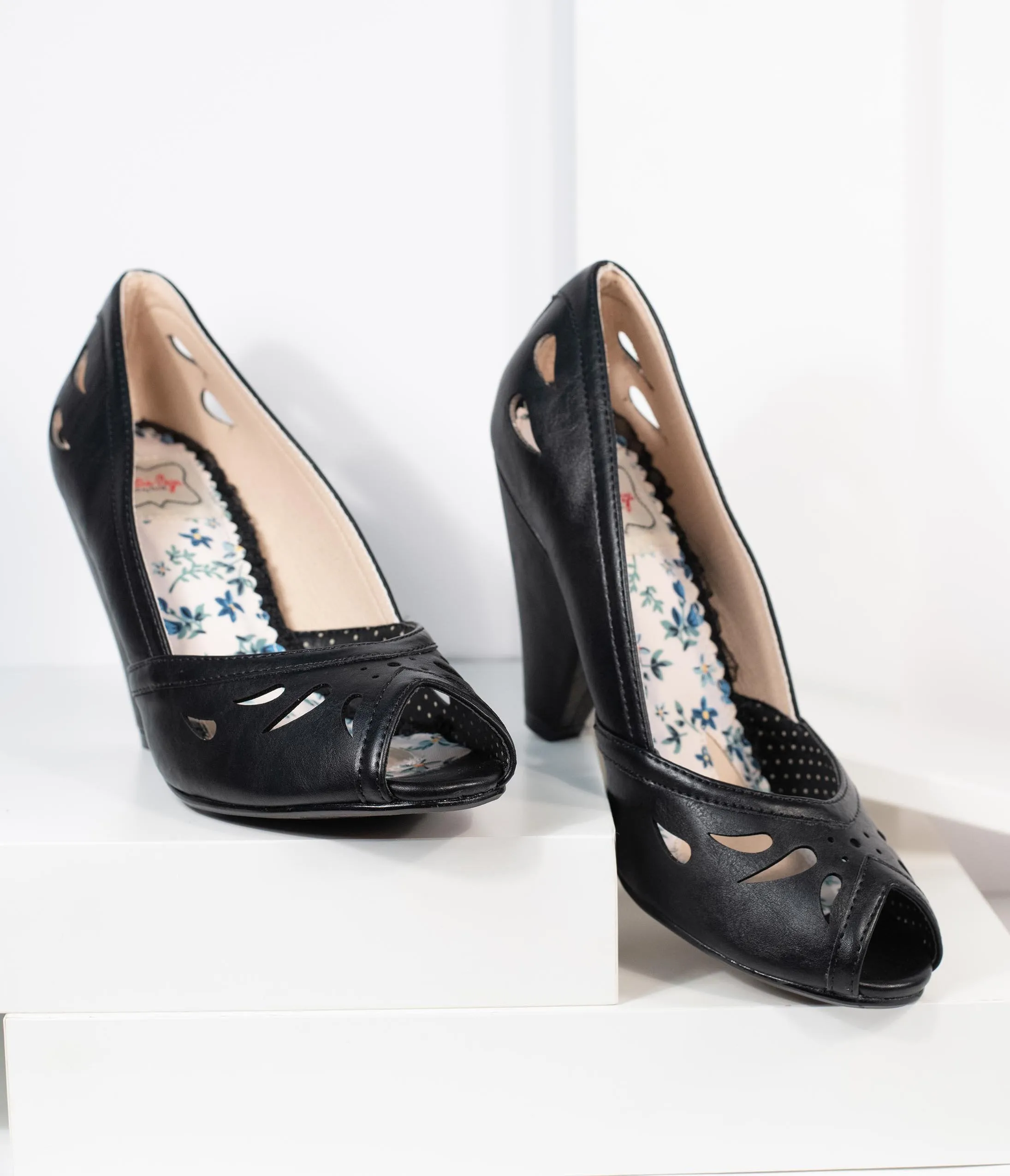 Bettie Page Black Leatherette Peep Toe Marilyn Pumps