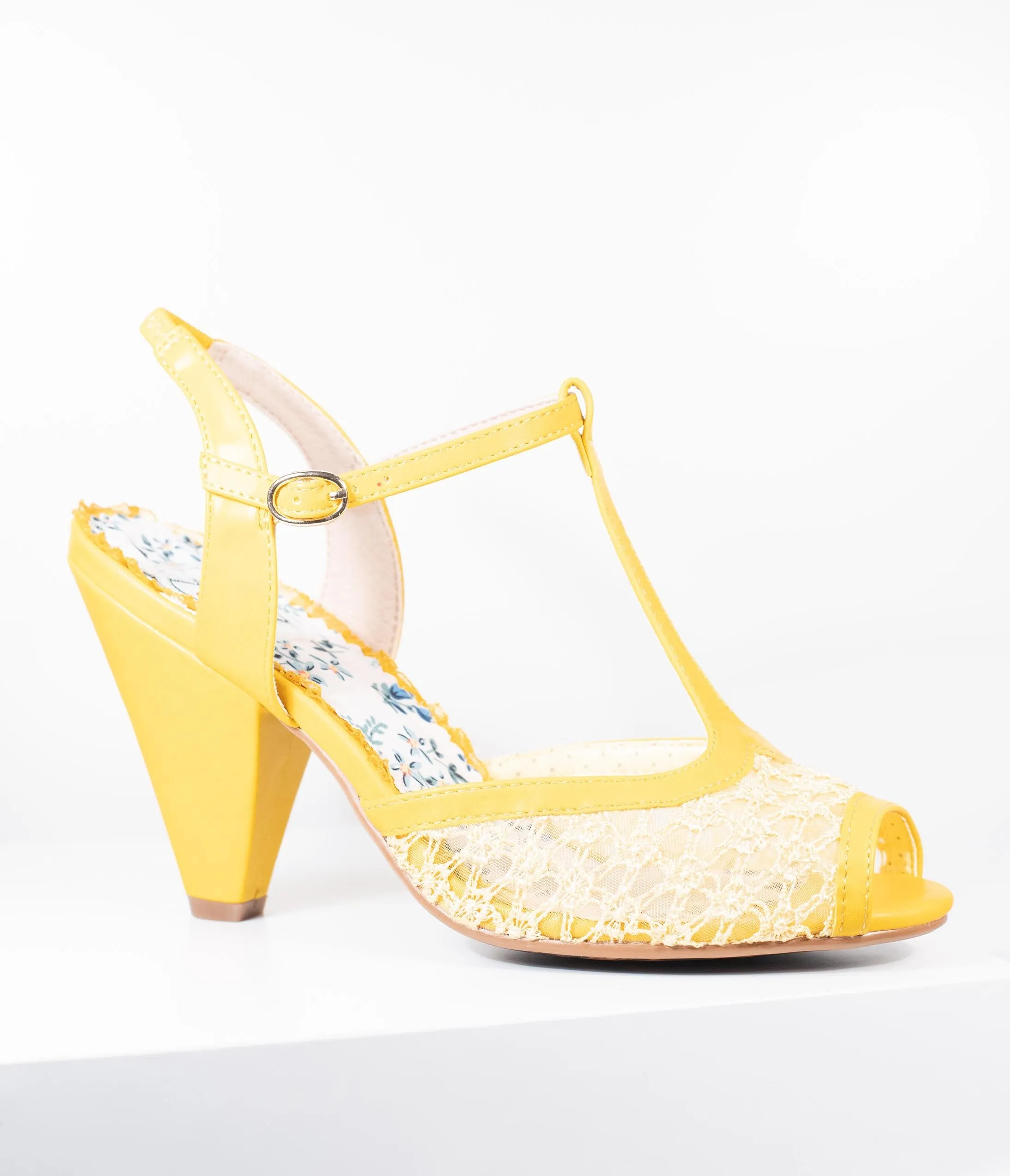 Bettie Page Yellow Lace Brooklyn T-Strap Heels