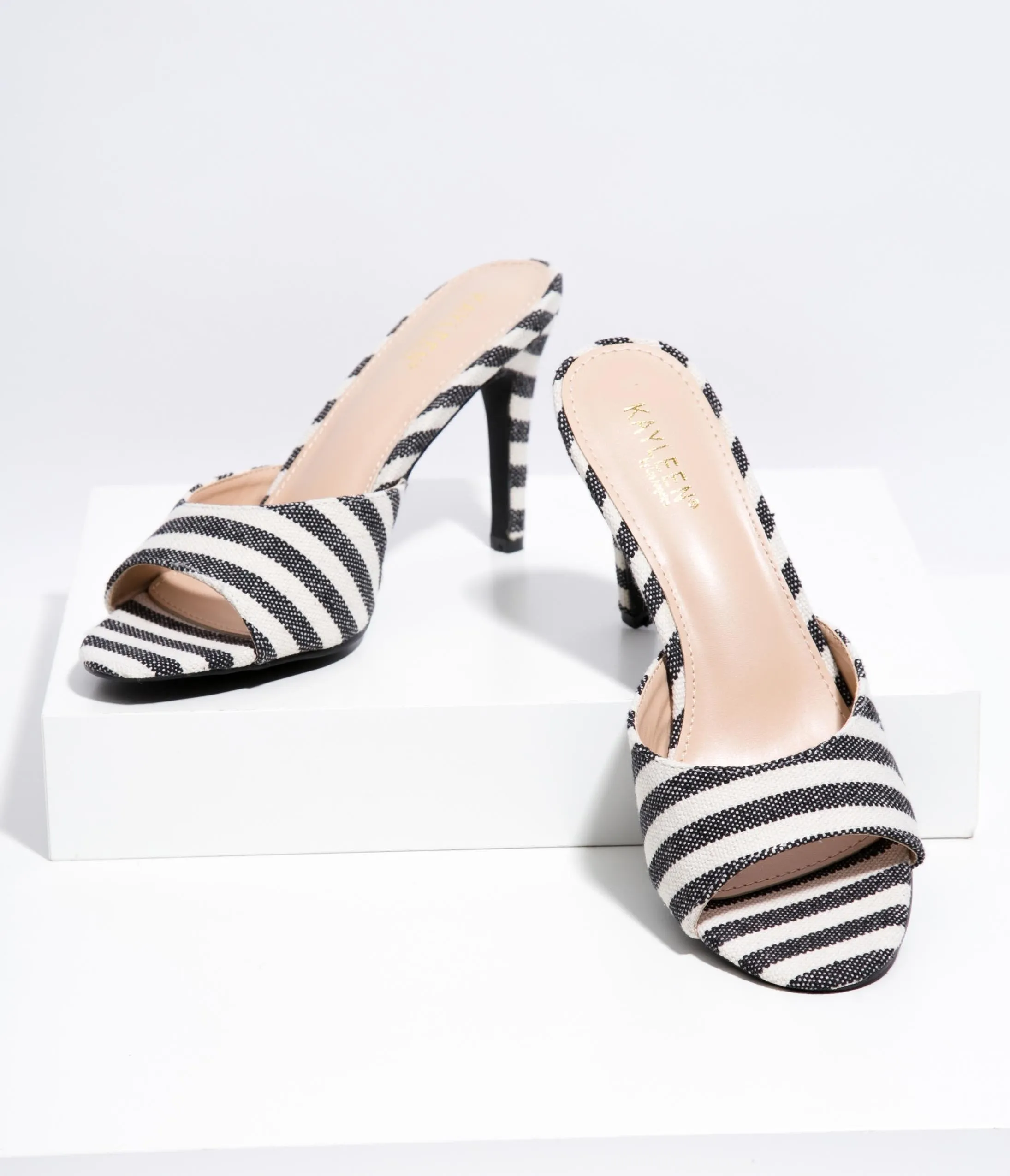 Black & Ivory Textile Stripe Mule Heels