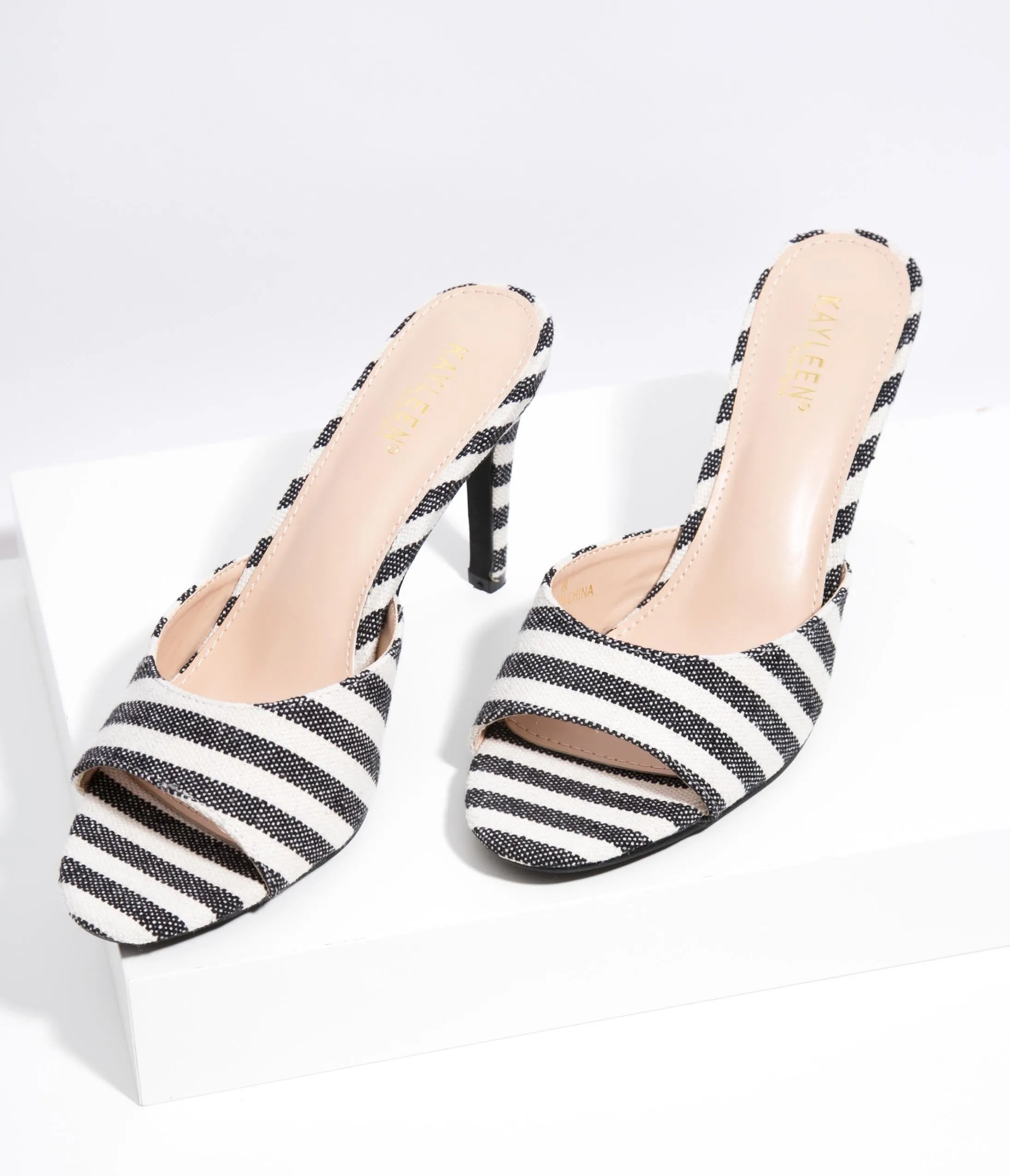 Black & Ivory Textile Stripe Mule Heels