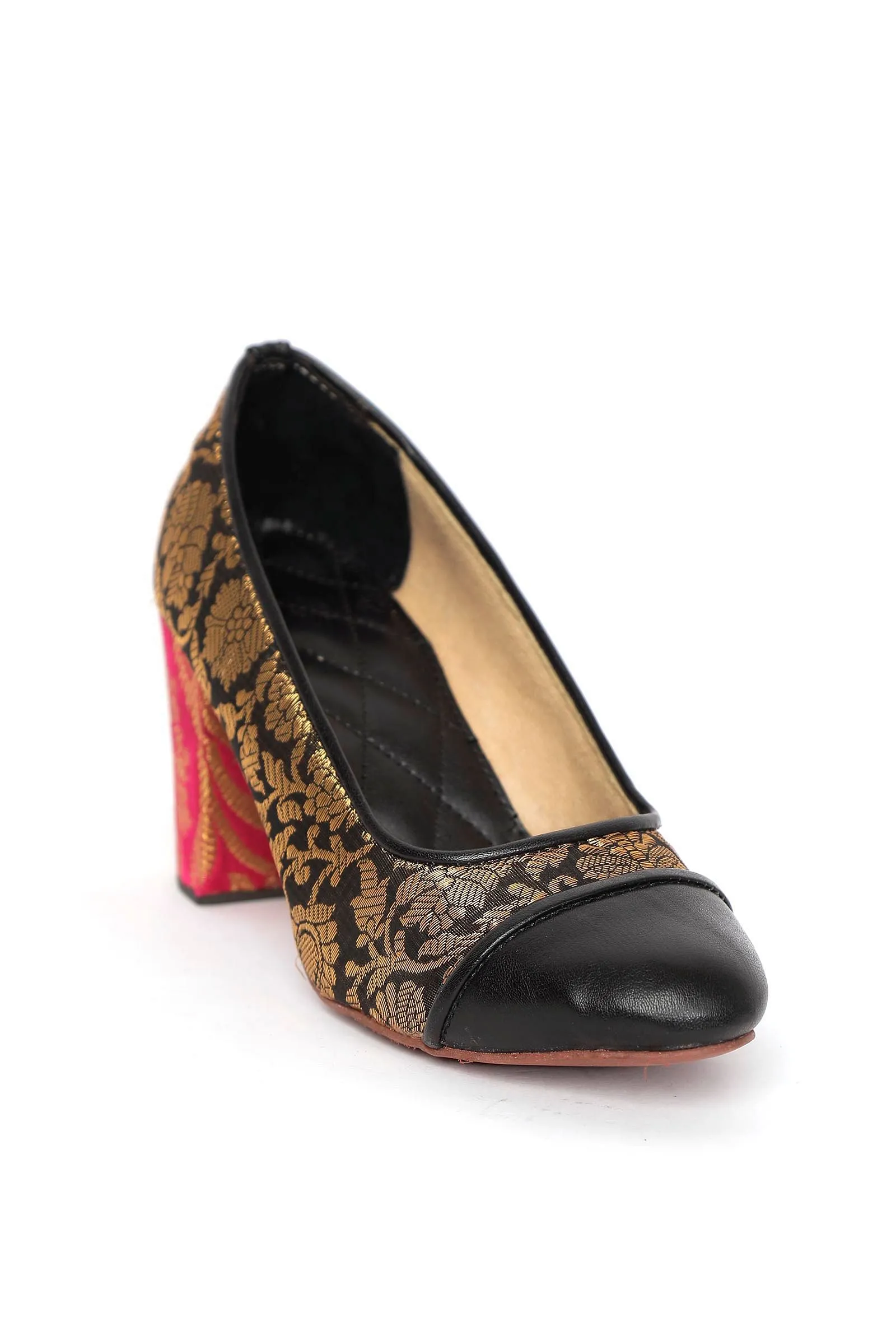 Black Brocade Heels with Pink Brocade Block Heels