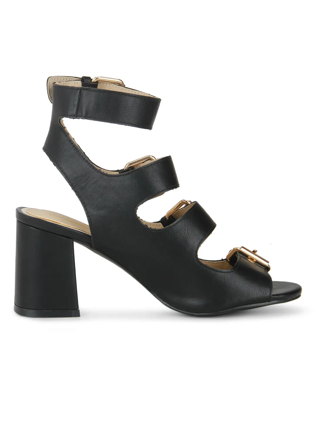 Black Buckle Detail Ankle Strap Low Block Heels