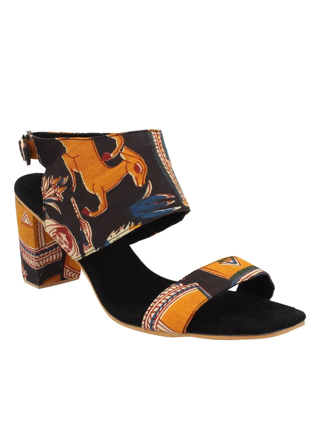 Black Cotton Kalamkari Strappy Block Heels