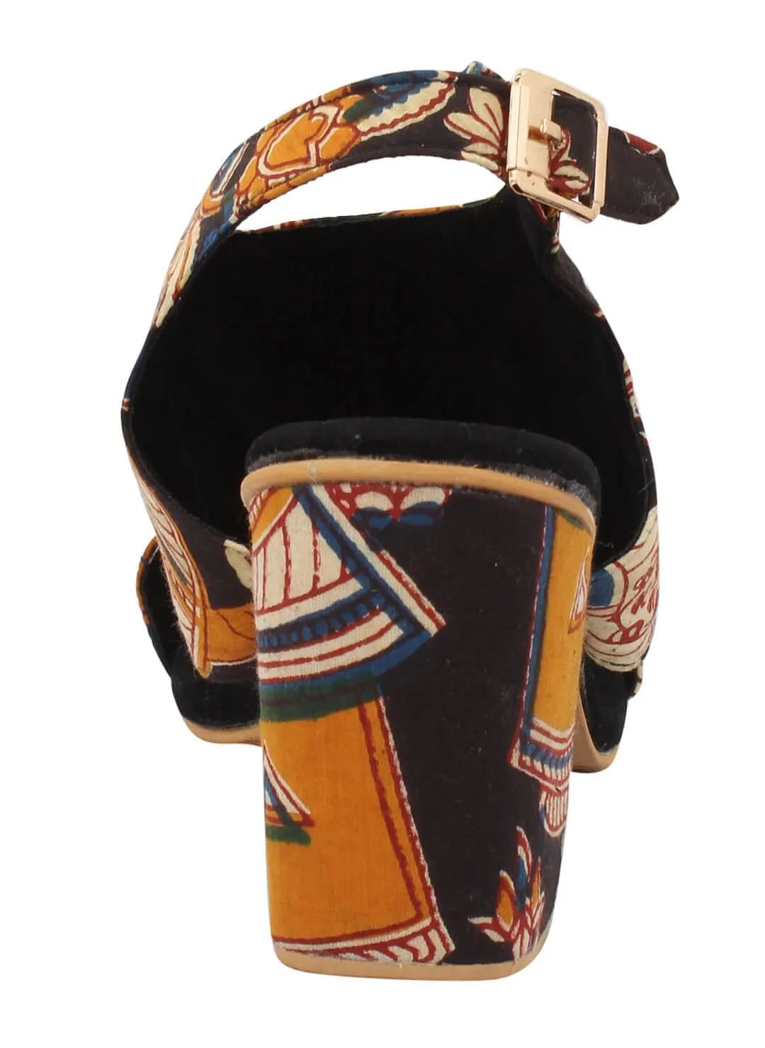 Black Cotton Kalamkari Strappy Block Heels