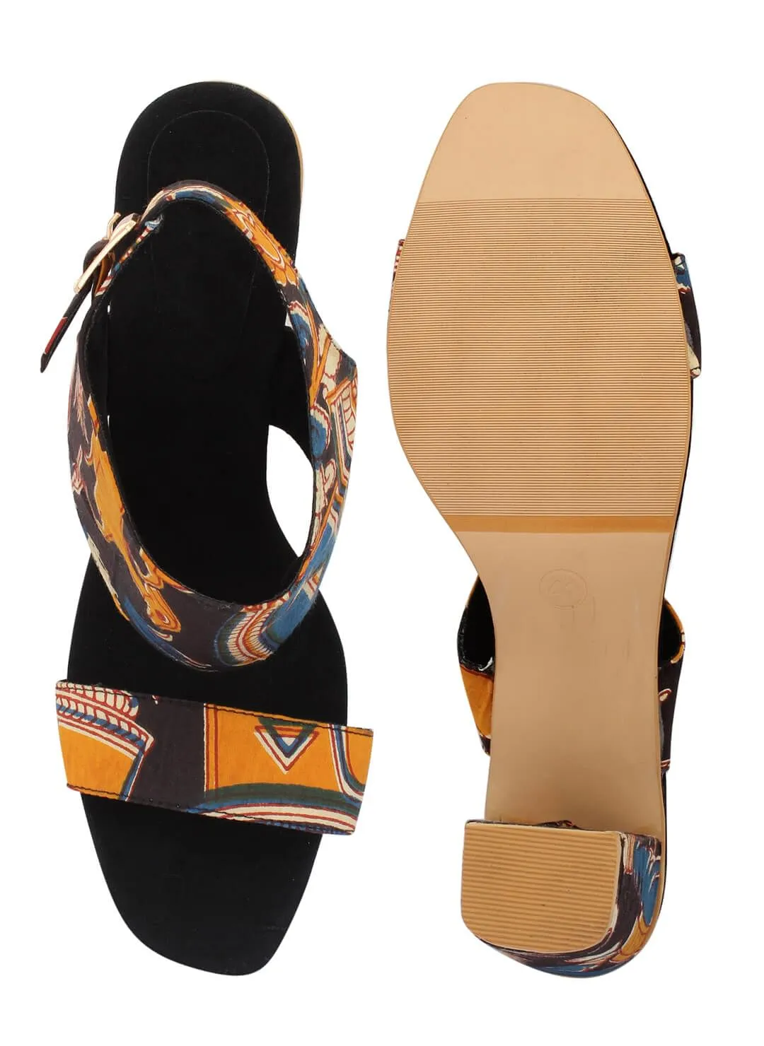 Black Cotton Kalamkari Strappy Block Heels