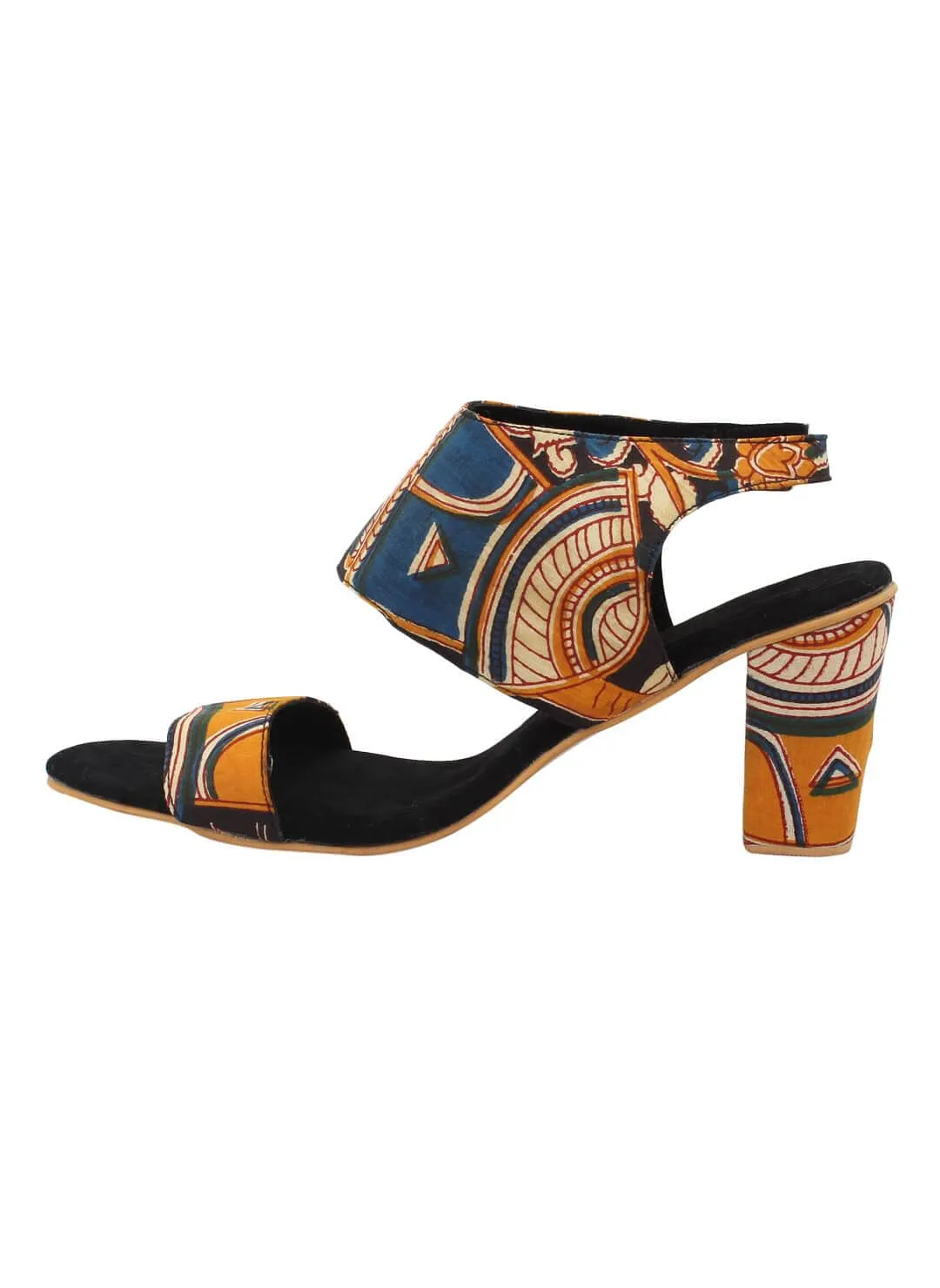 Black Cotton Kalamkari Strappy Block Heels