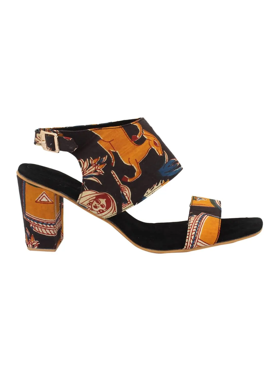 Black Cotton Kalamkari Strappy Block Heels