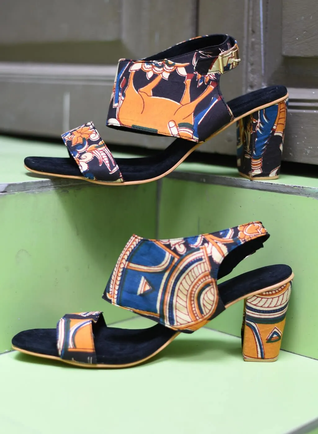 Black Cotton Kalamkari Strappy Block Heels