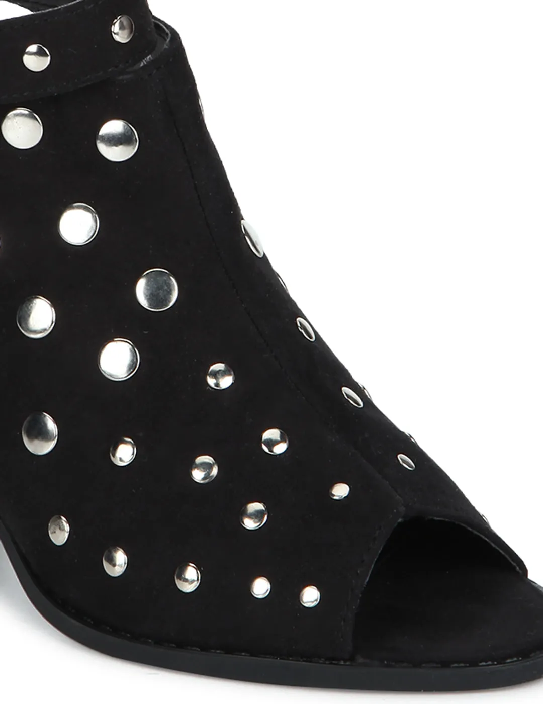 Black Microfibre Studded Ankle Strap Peep Toe Block Heels