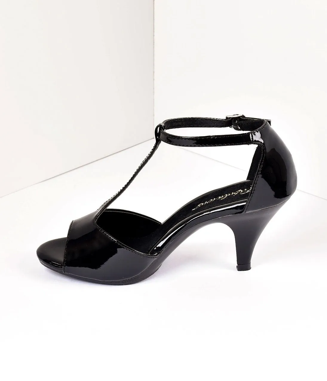 Black Patent Leatherette Peep Toe T-Strap Sandal Heels