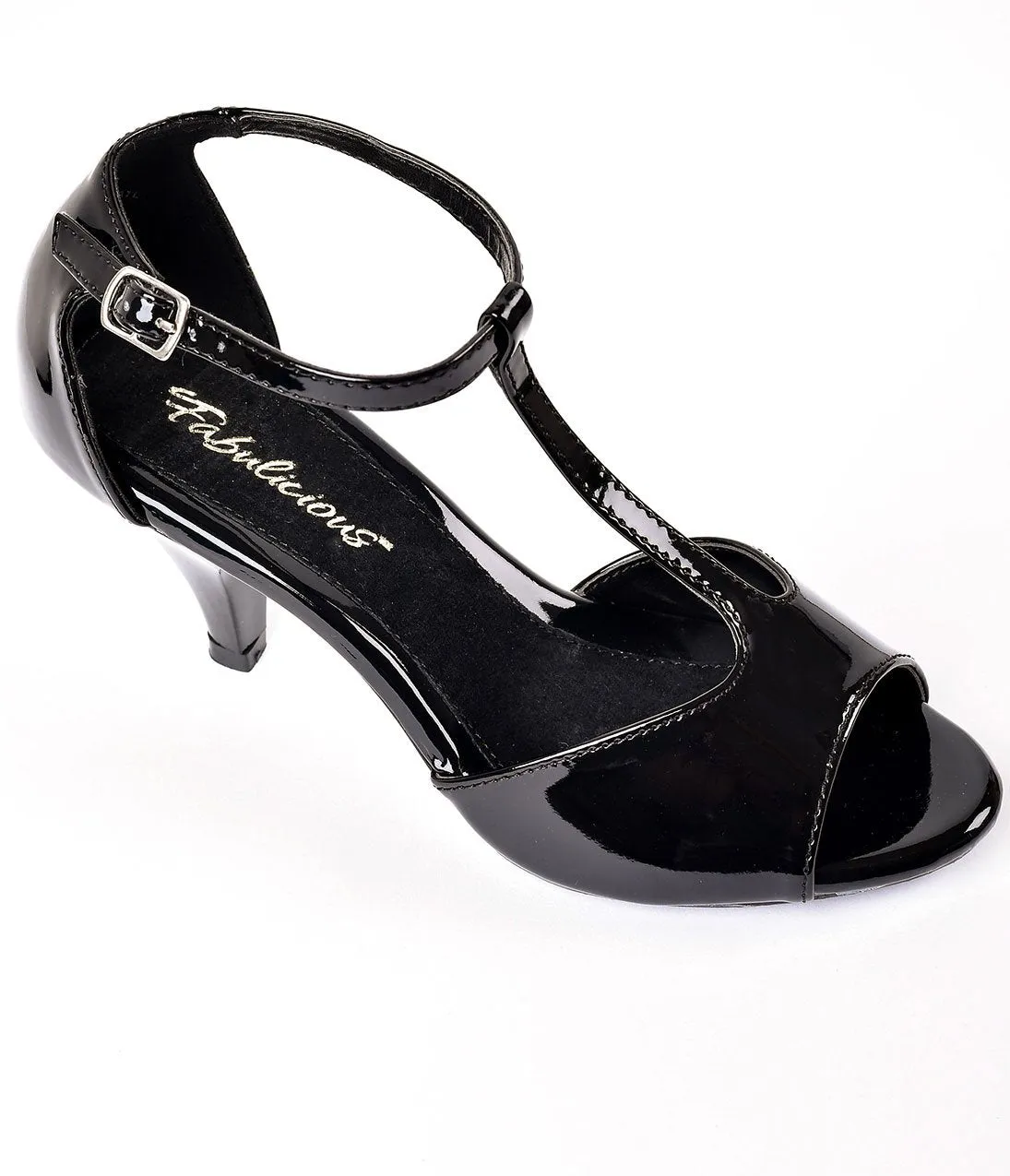 Black Patent Leatherette Peep Toe T-Strap Sandal Heels