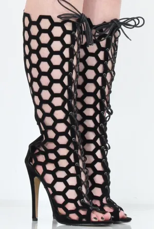 Black Peep Toe Lace Up Heels - Honey