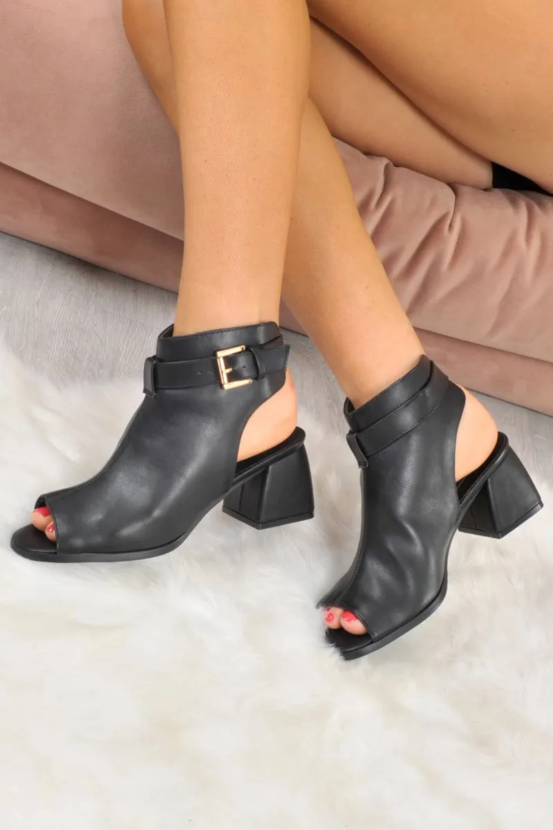 Black PU Open Front and Back Block Heel Boots - Brinlee