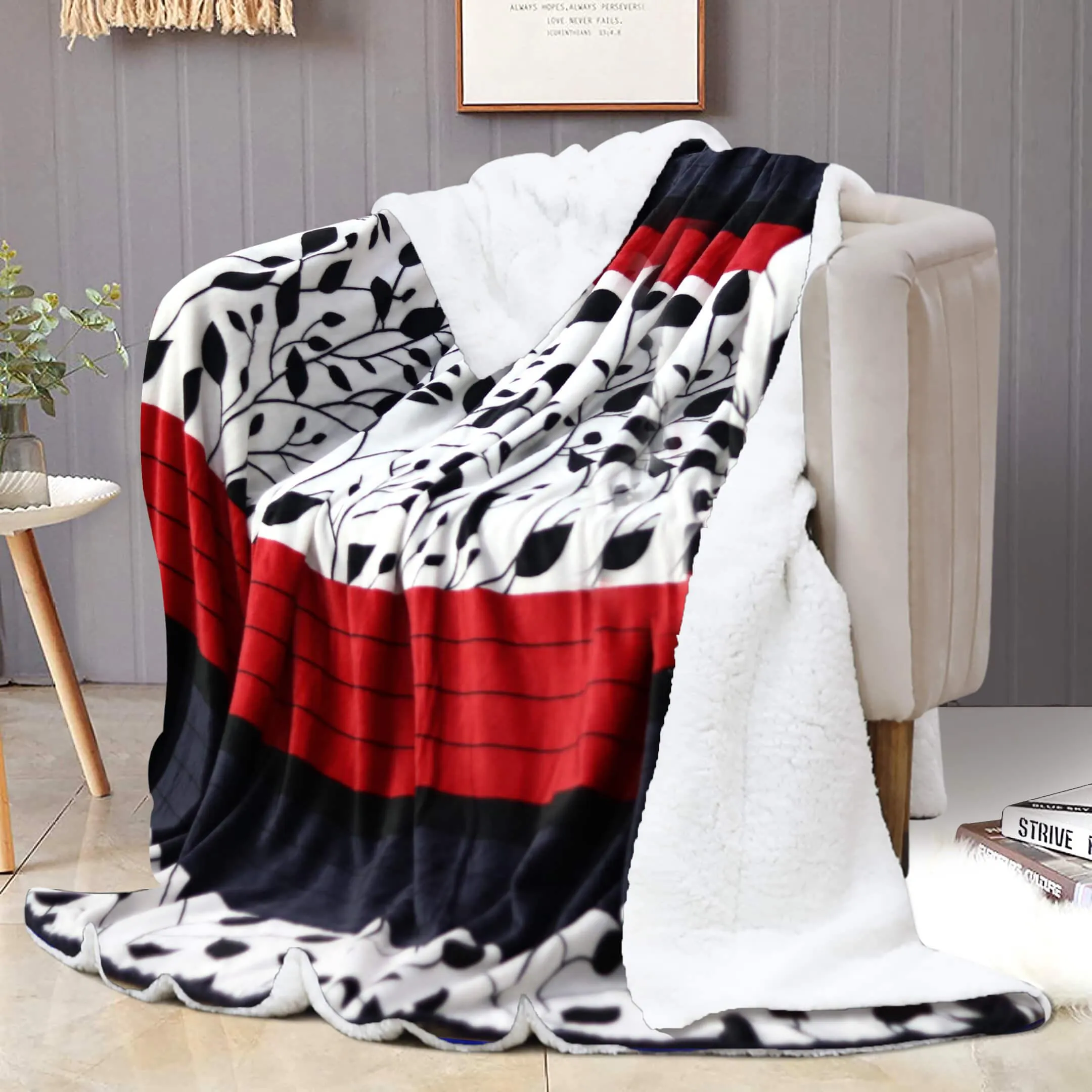 Black Red Leaves Sherpa Blanket