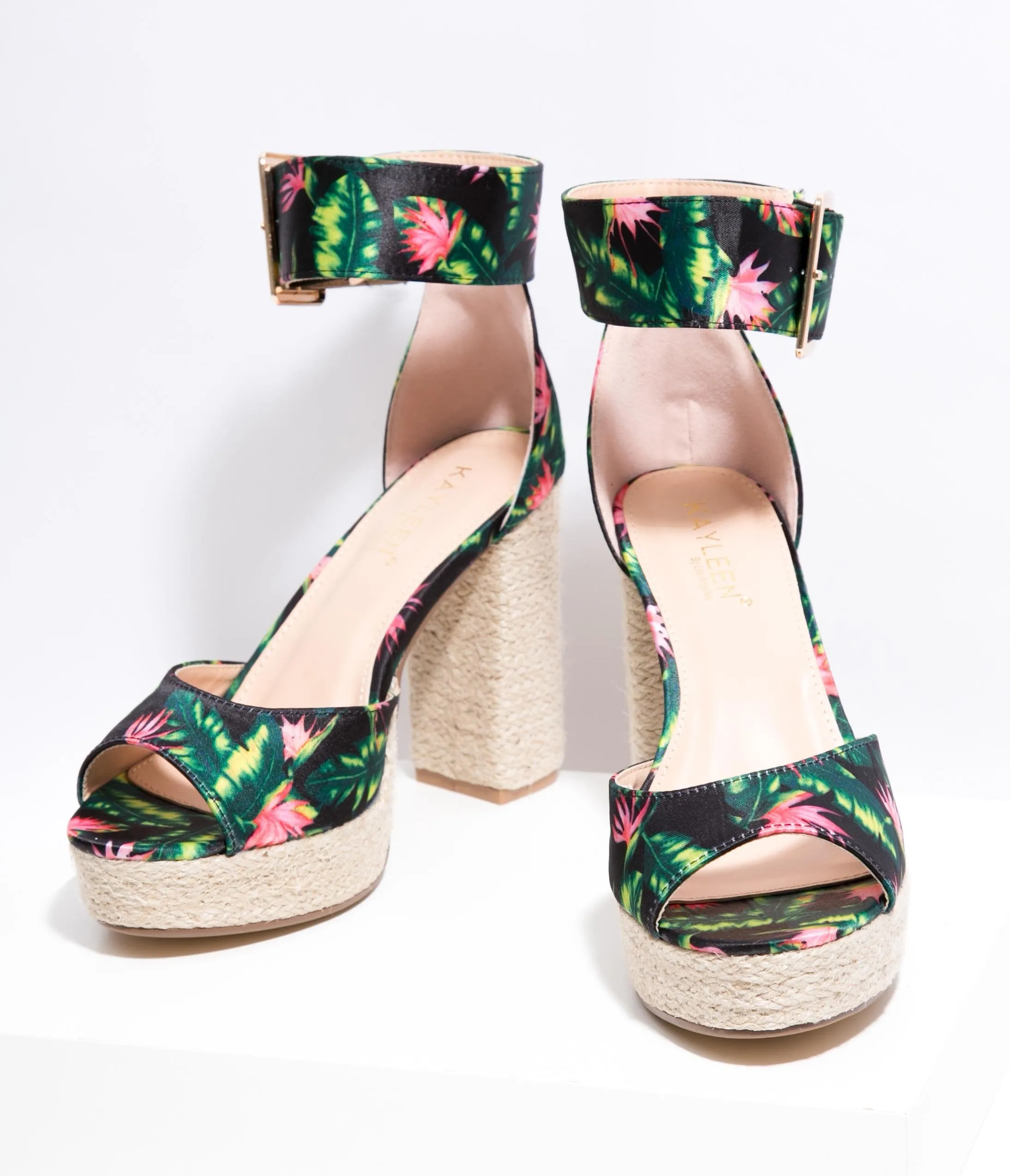 Black Tropical Flower Platform Espadrille Sandals