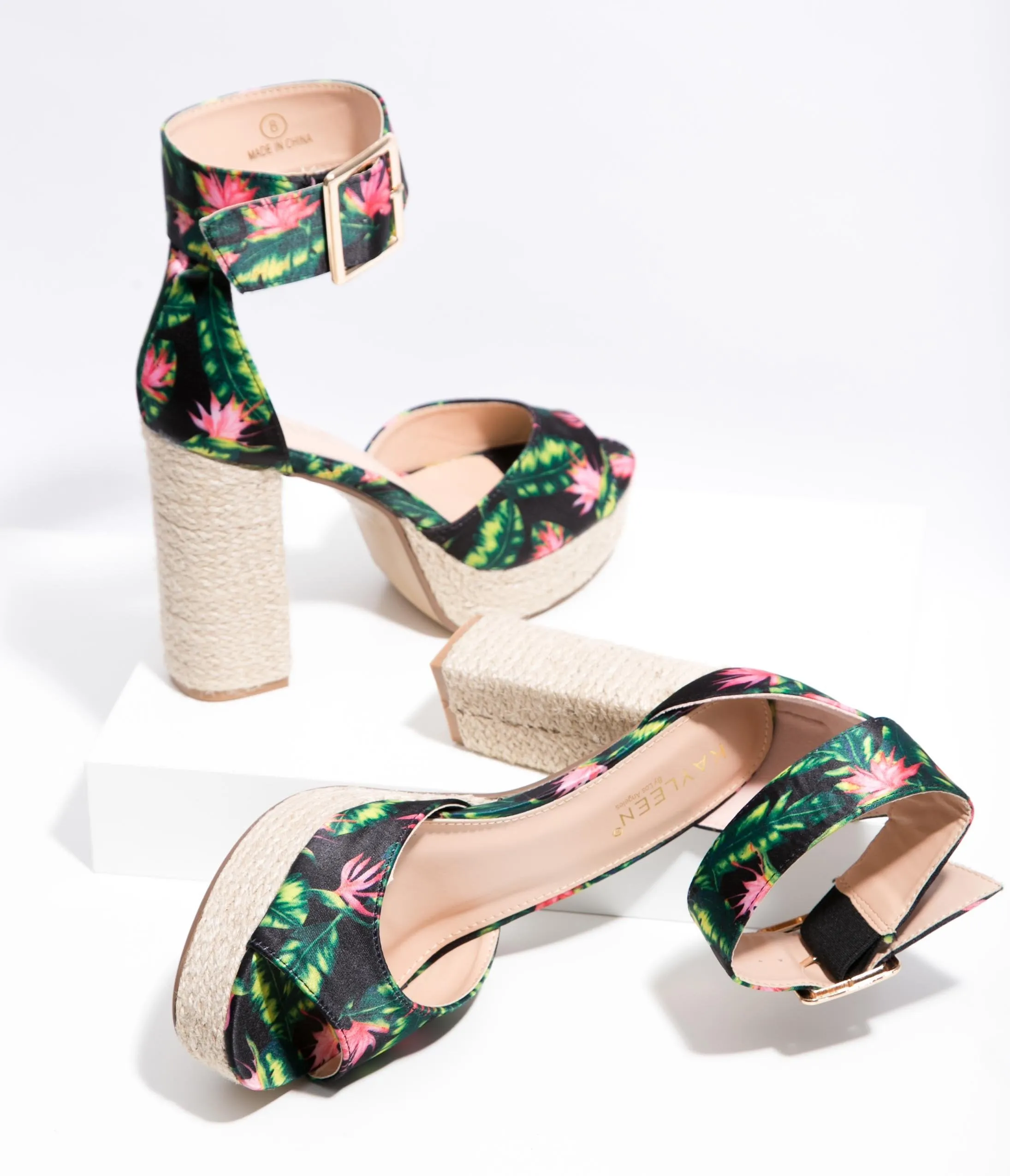 Black Tropical Flower Platform Espadrille Sandals