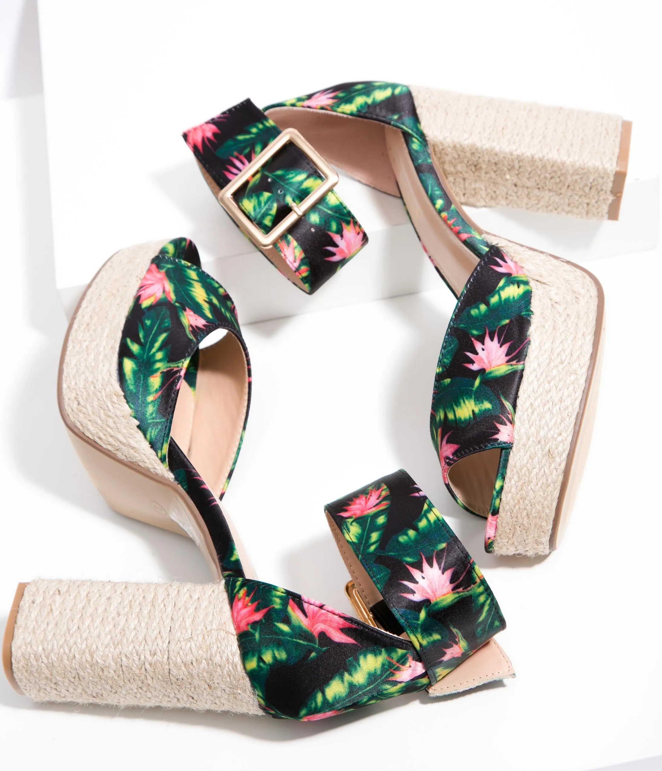 Black Tropical Flower Platform Espadrille Sandals