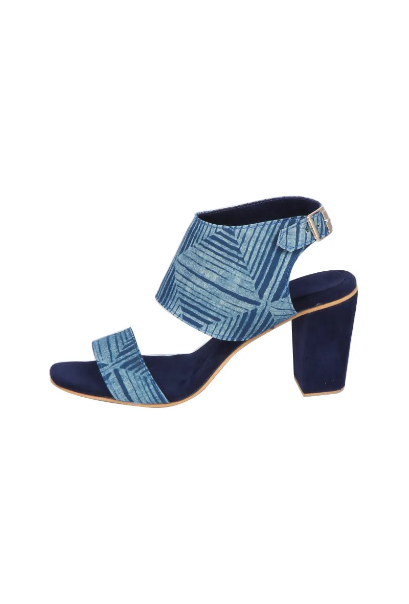 Blue Bagru Cotton Strappy Block Heels