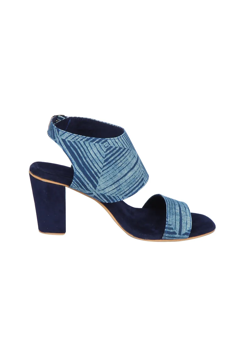 Blue Bagru Cotton Strappy Block Heels