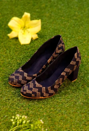 Blue Kantha Embroidery Suede Block Heels