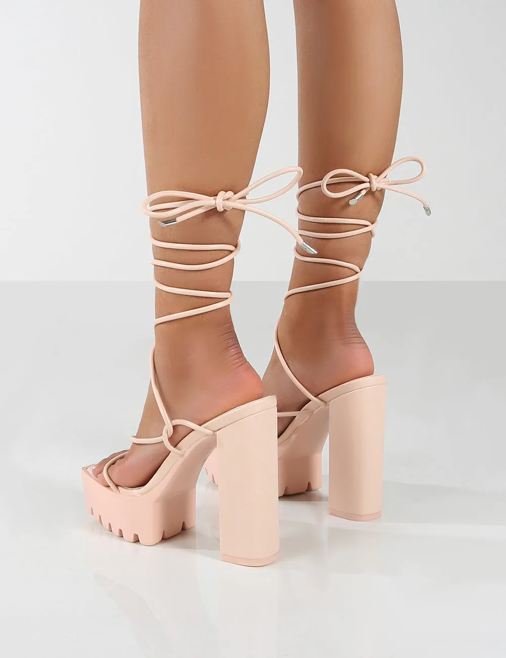 Certified Nude Chunky Platform Lace Up Heels