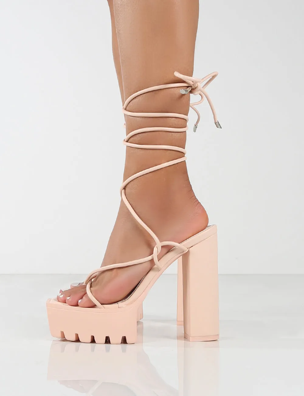 Certified Nude Chunky Platform Lace Up Heels