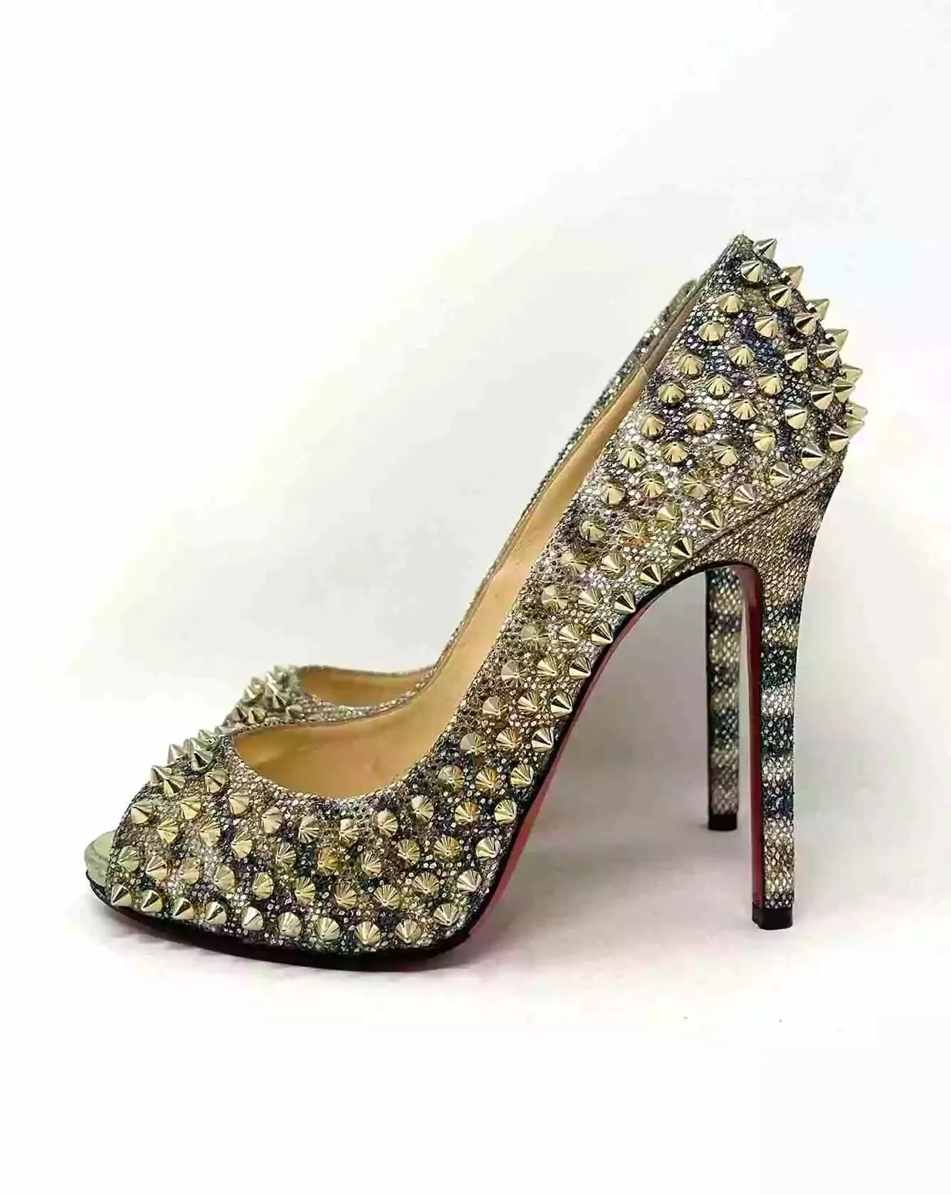 Christian Louboutin Flo Spikes 120 Glitter Sirene Gold Peep Toe Heels 38 UK 5