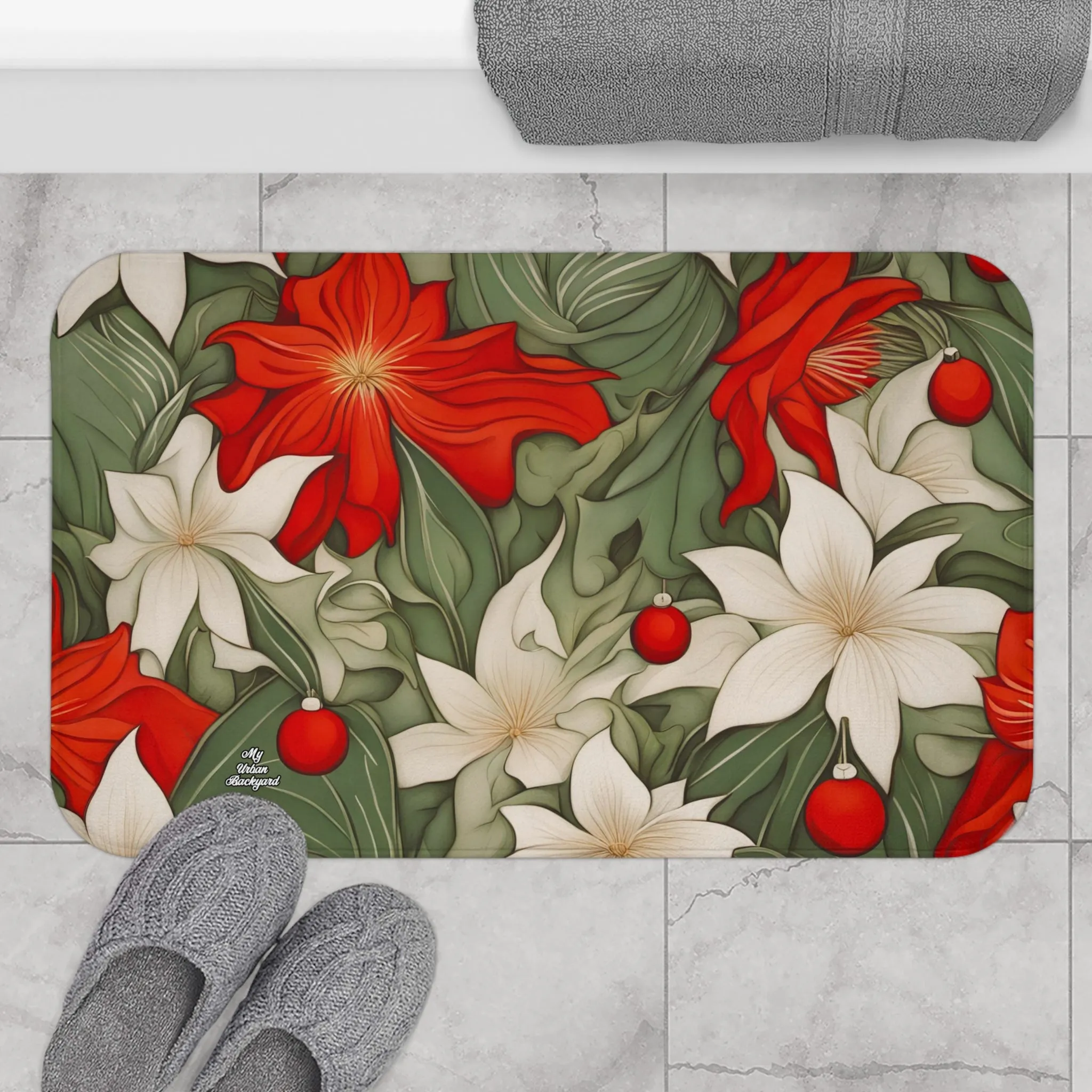 Christmas Flowers, Memory Foam Bath Mat - Cozy Bathroom Essential