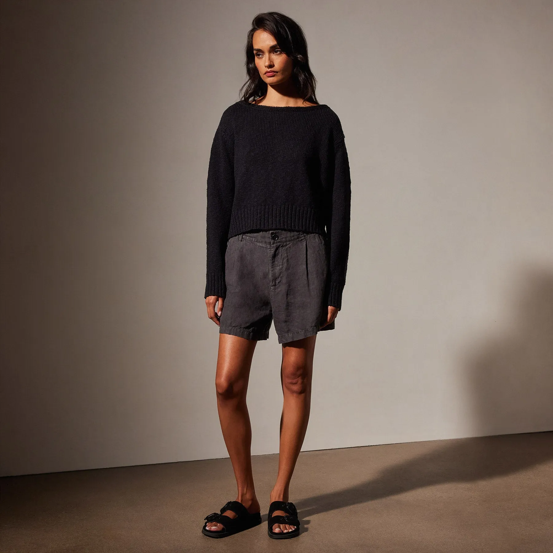 Cotton Linen Boatneck Sweater - Black