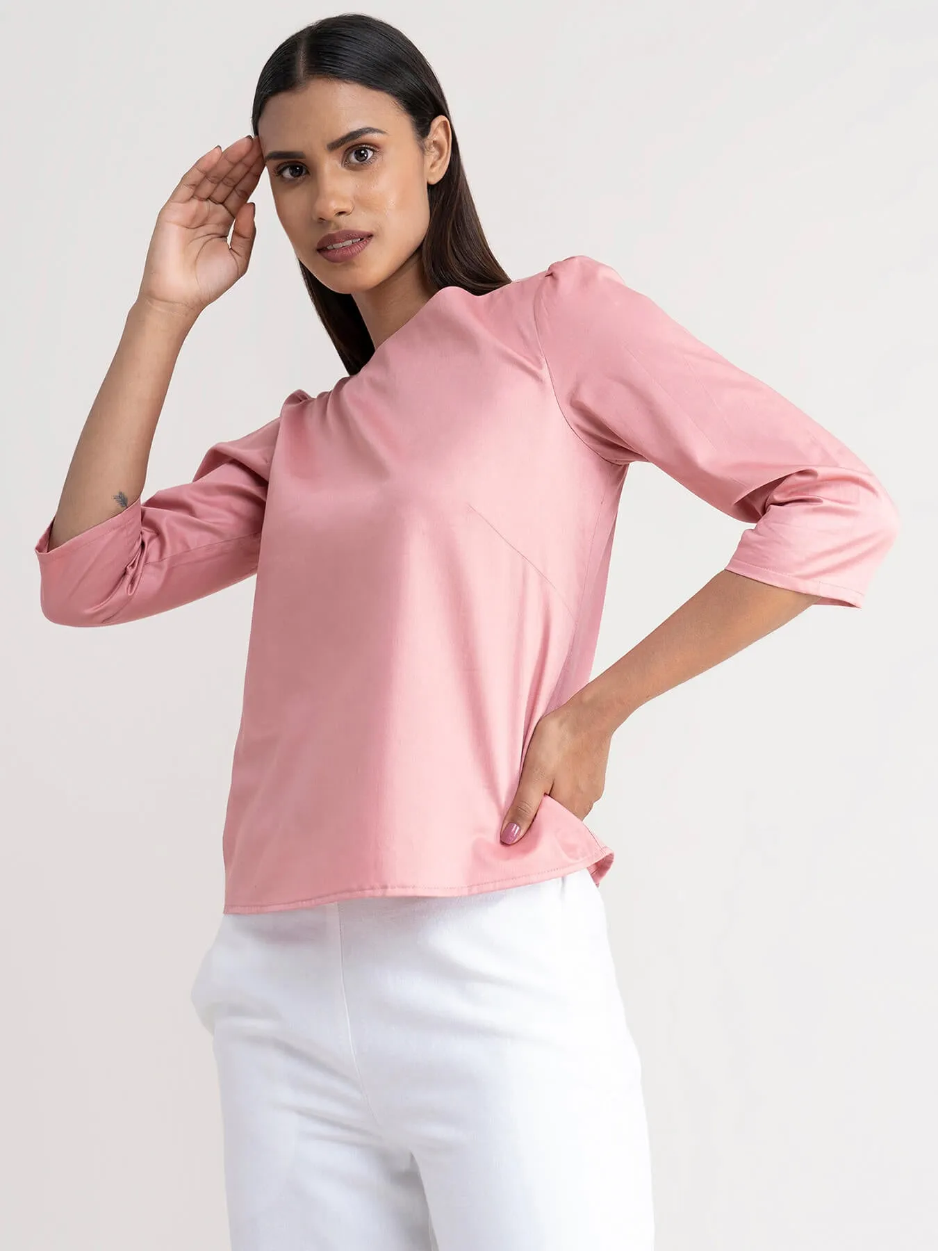 Cotton Tie Up Detail Top - Dusty Pink