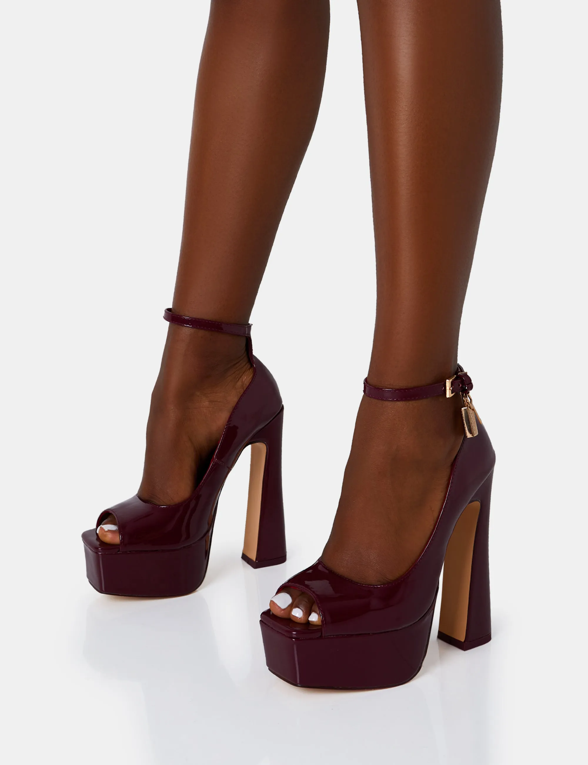 Formation Burgundy Patent Padlock Detail Chunky Square Peep Toe Platform Heels