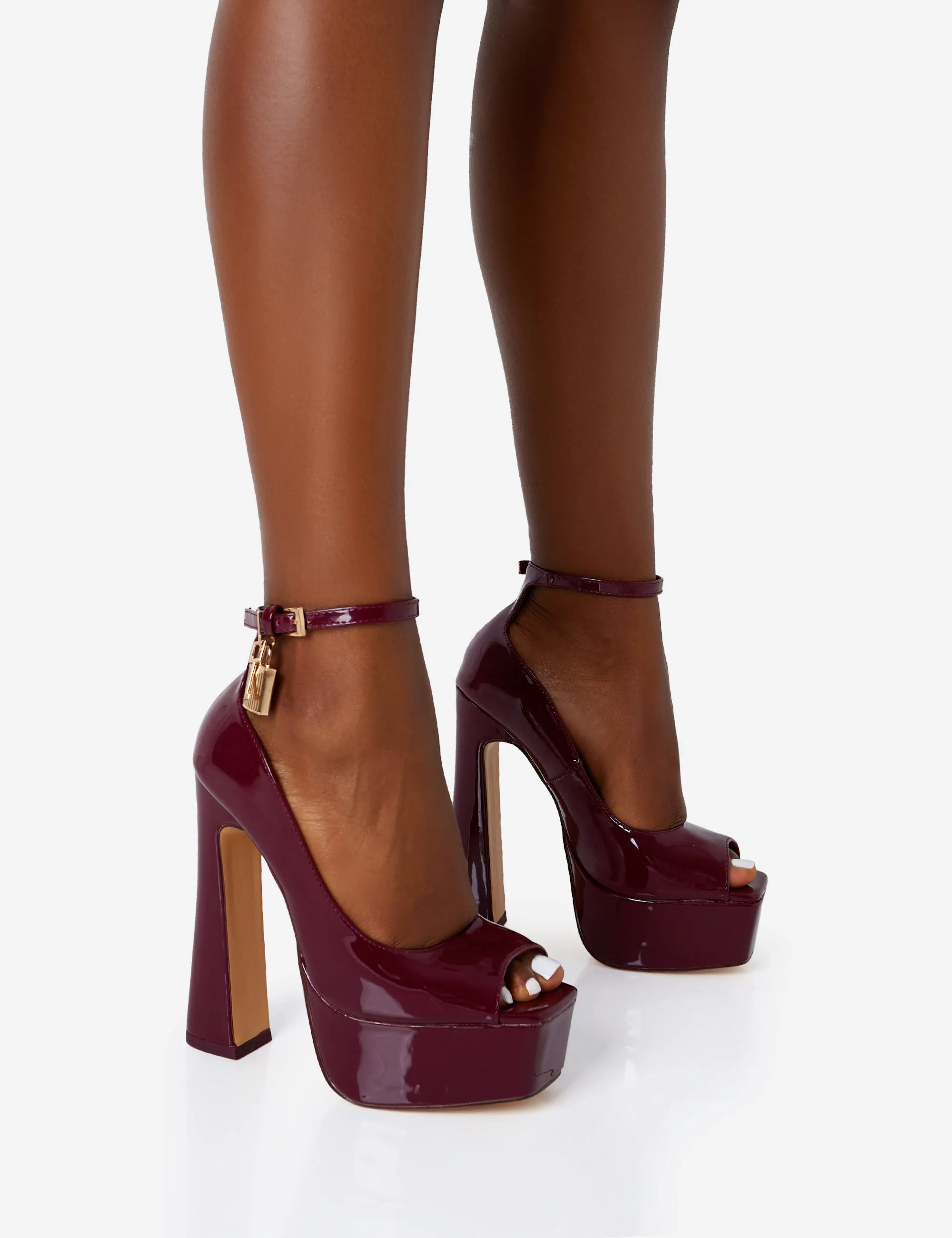 Formation Burgundy Patent Padlock Detail Chunky Square Peep Toe Platform Heels