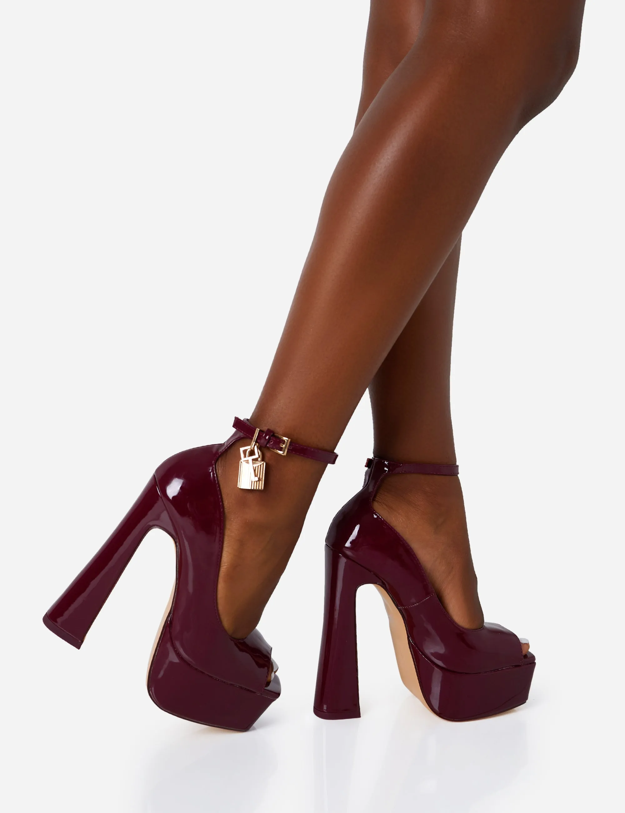 Formation Burgundy Patent Padlock Detail Chunky Square Peep Toe Platform Heels