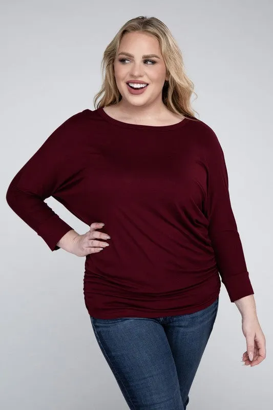 Hi Curvy Plus Size Women Luxe Rayon Boat Neck 3/4 Sleeve Top