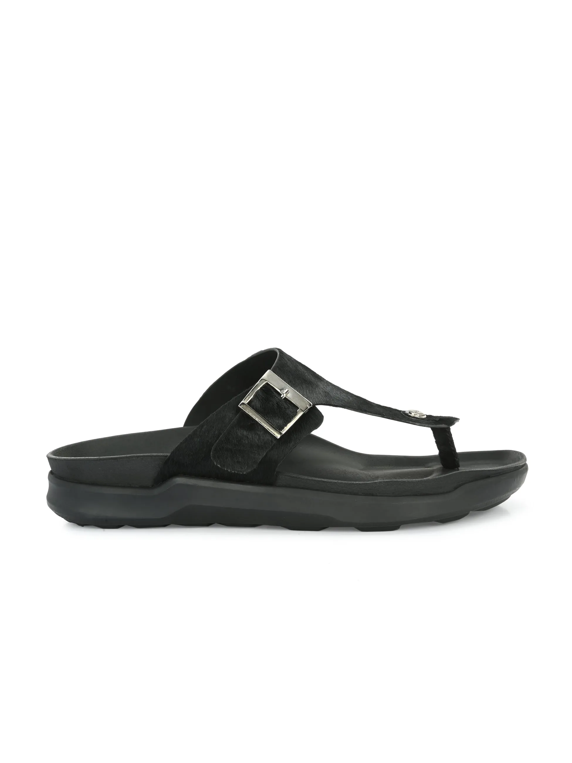 Hitz Men's Black Leather Open Toe Slippers