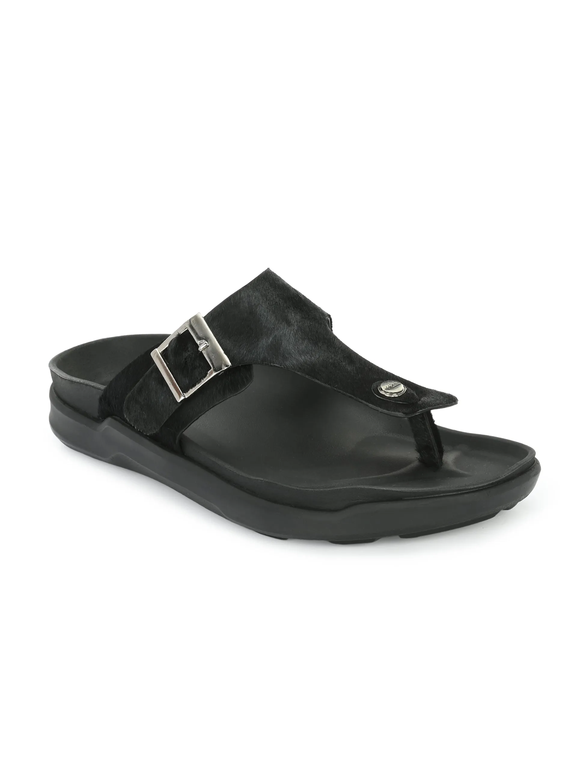 Hitz Men's Black Leather Open Toe Slippers