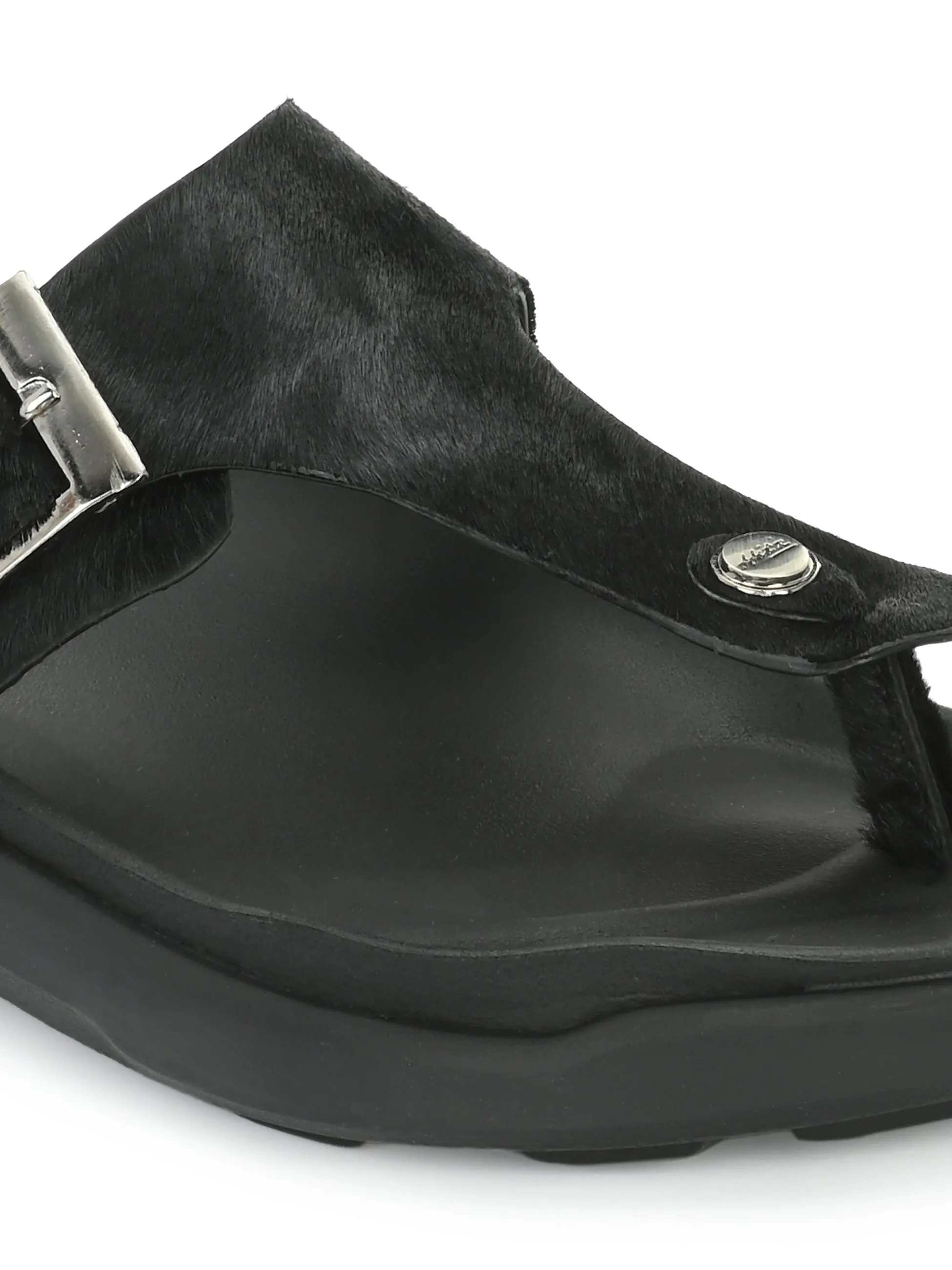 Hitz Men's Black Leather Open Toe Slippers