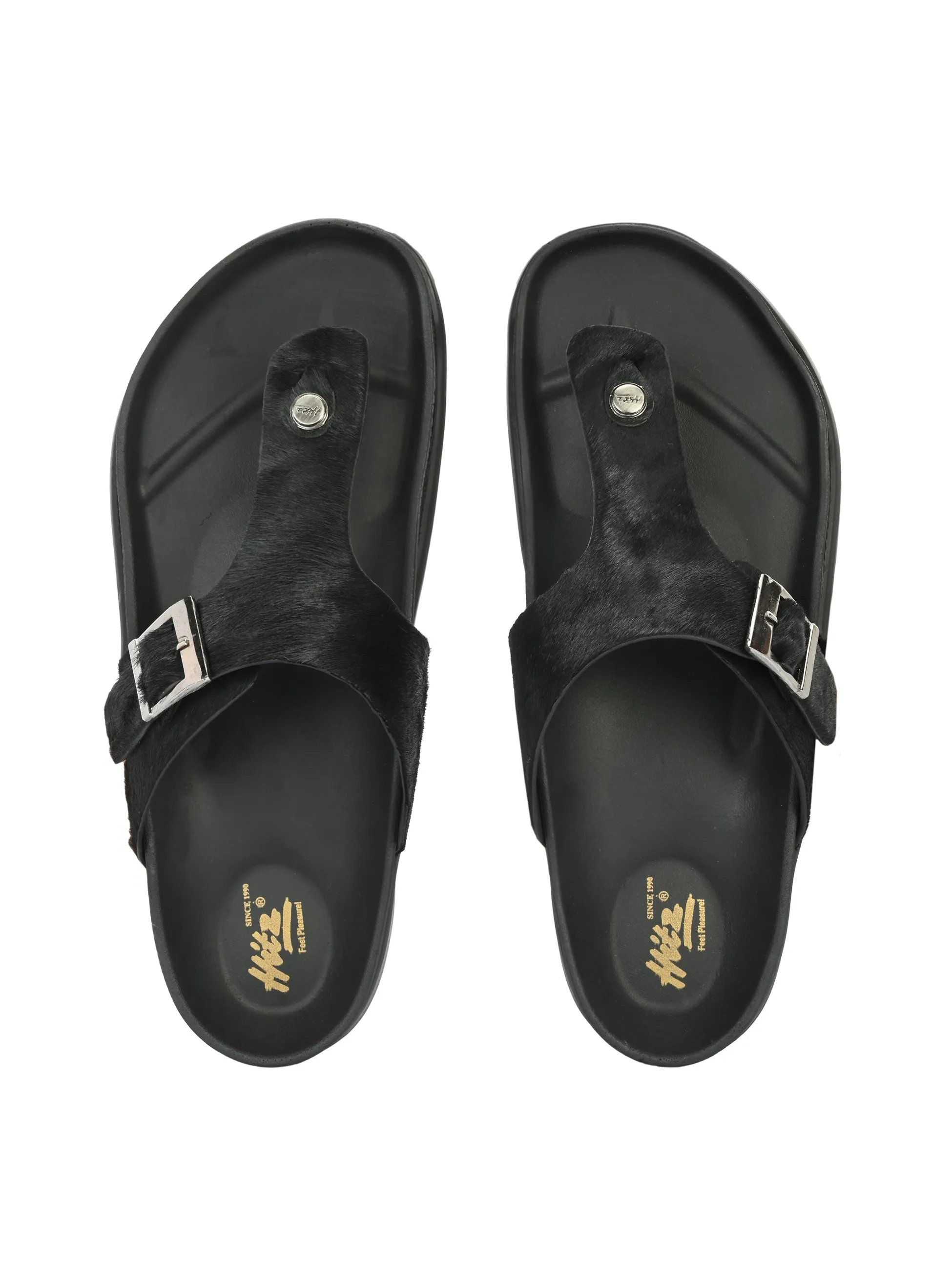 Hitz Men's Black Leather Open Toe Slippers