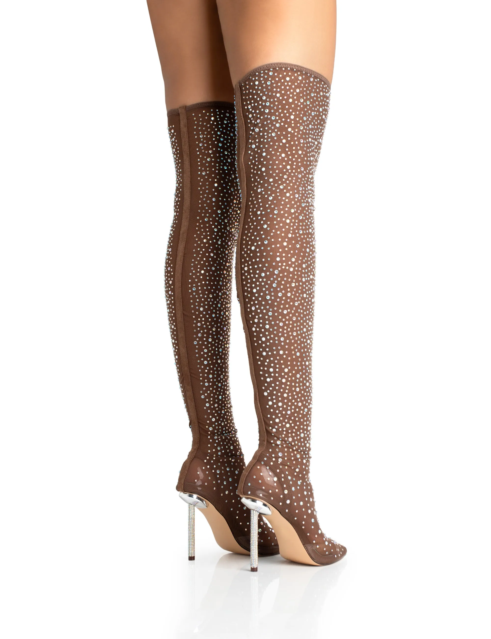 It Girl Nude Diamante Holographic Detailed Mesh Stiletto Boot Heels