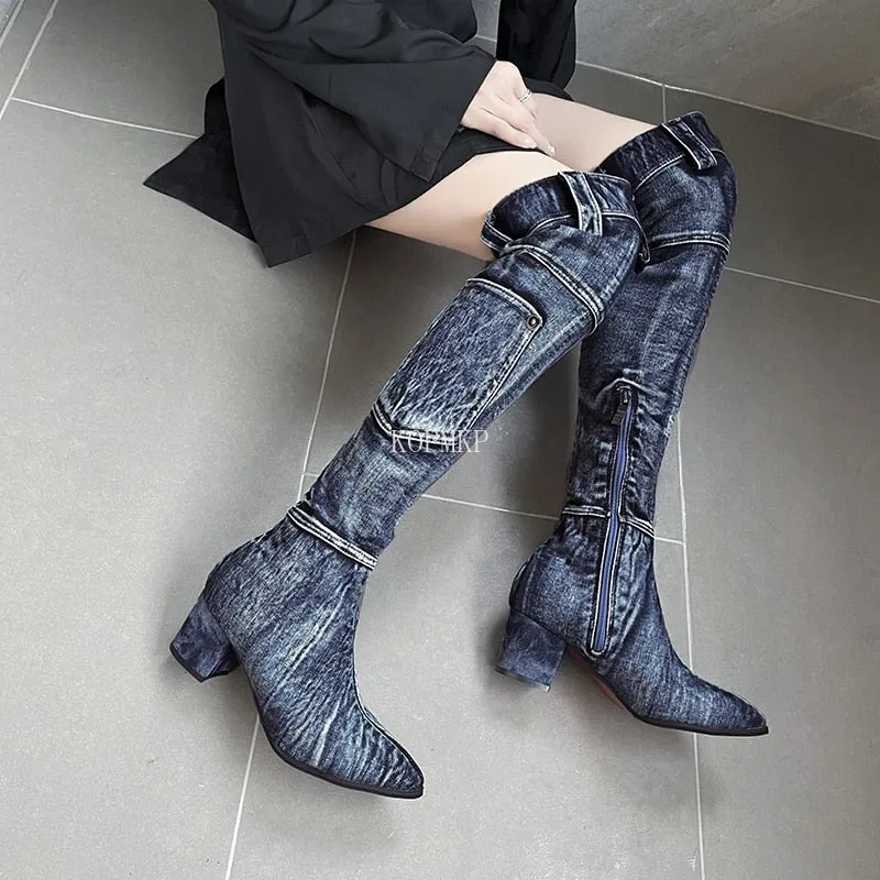 Knee-High High Heel Denim Chelsea Boots