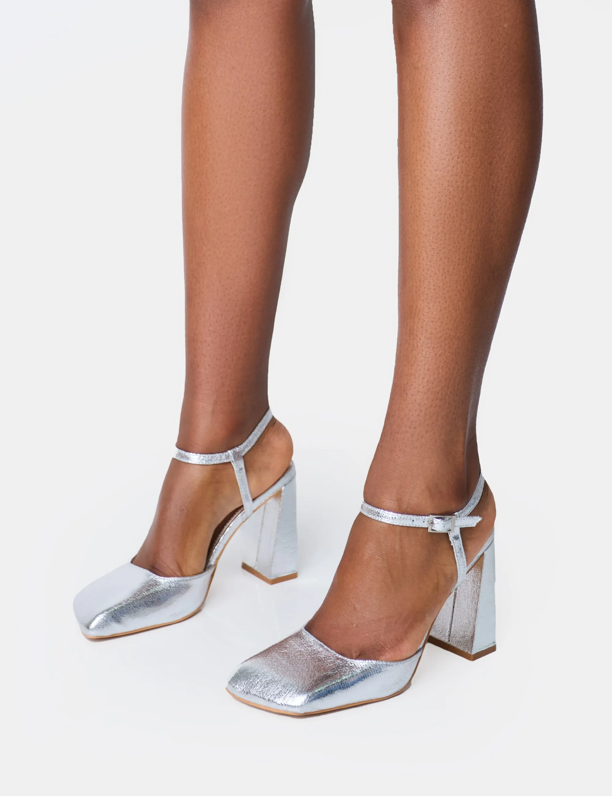 Leighton Cracked Silver Slant Toe Block Heels