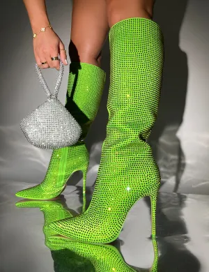 Lexi Green Diamantes Pointed Toe Stiletto Knee High Boots