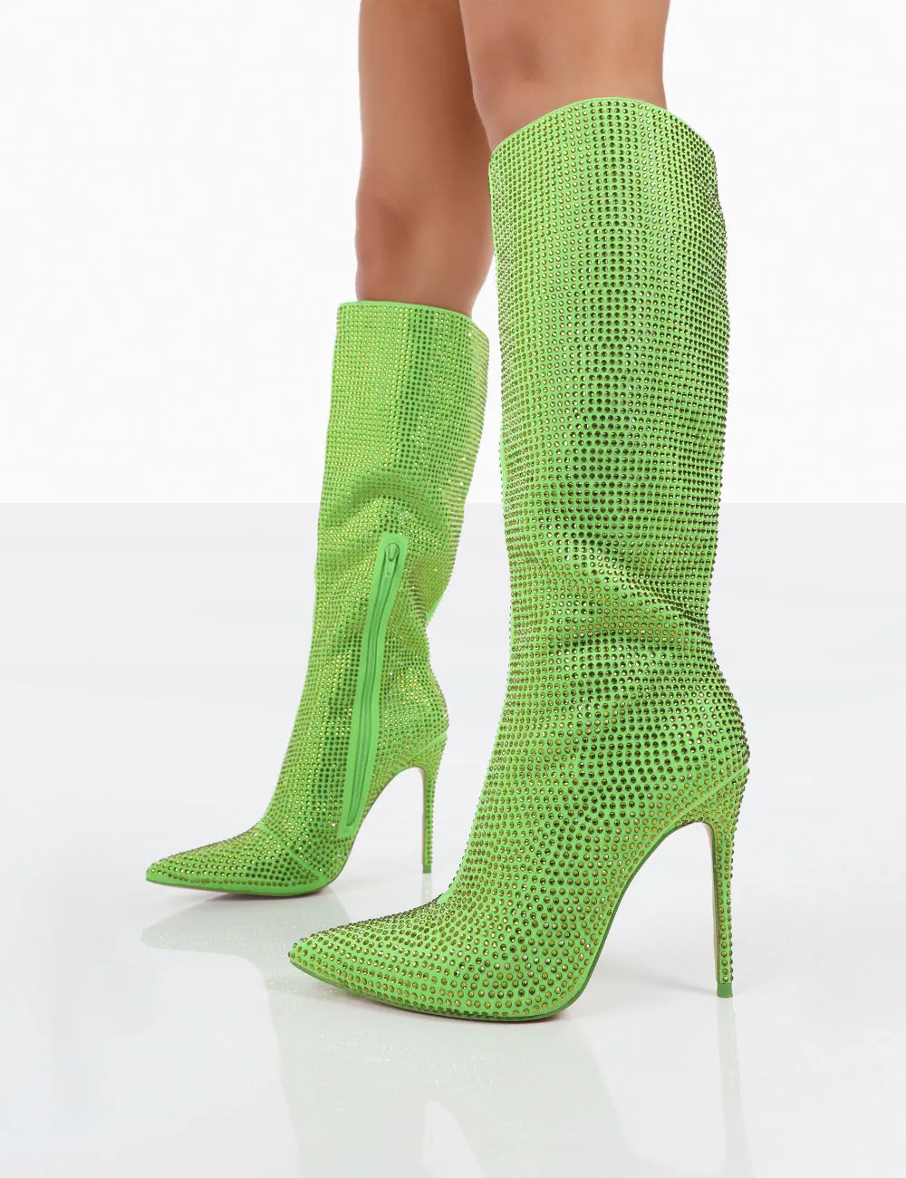 Lexi Green Diamantes Pointed Toe Stiletto Knee High Boots